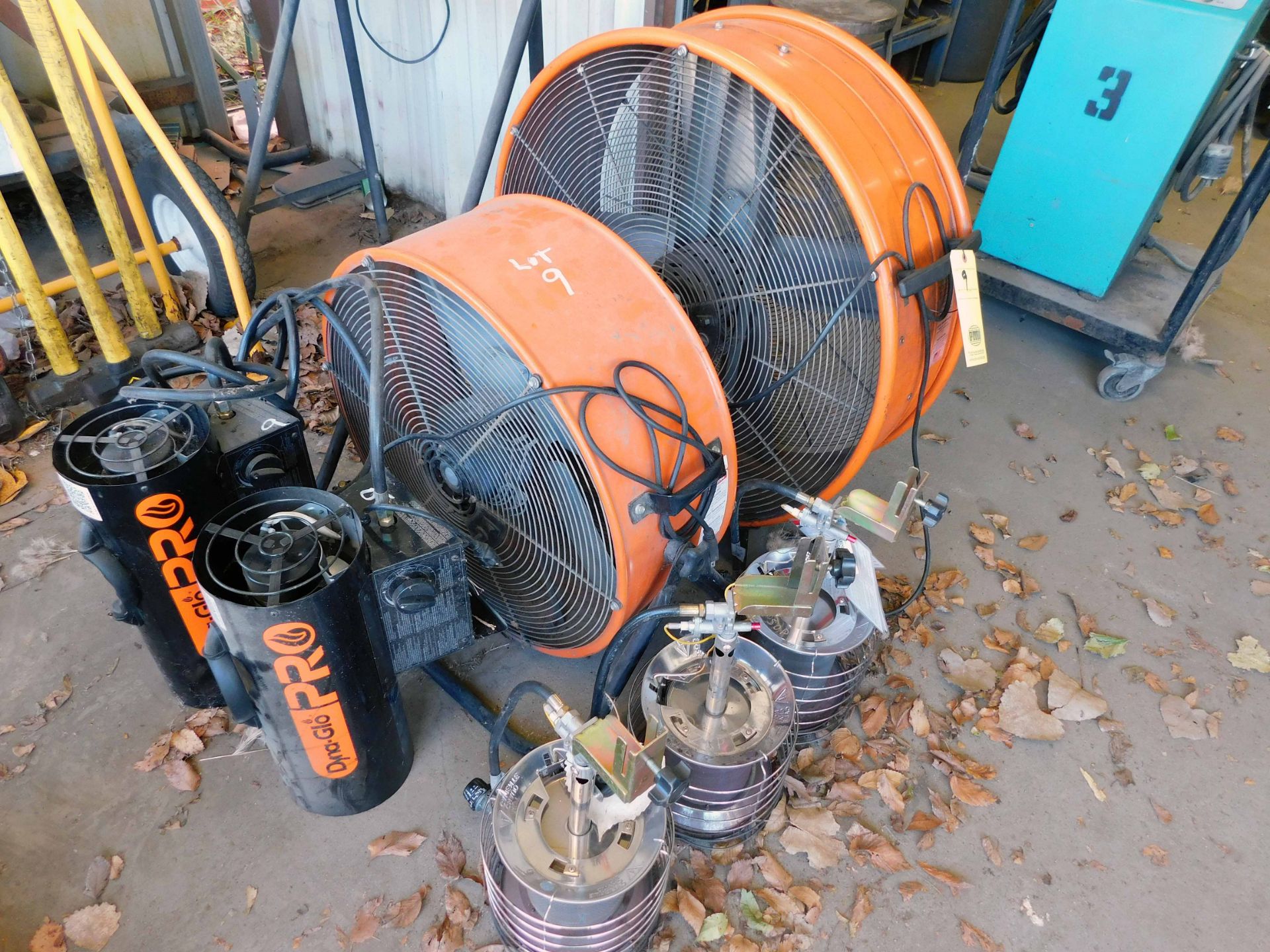 LOT CONSISTING OF: (2) drum fans & (5) assorted propane heaters