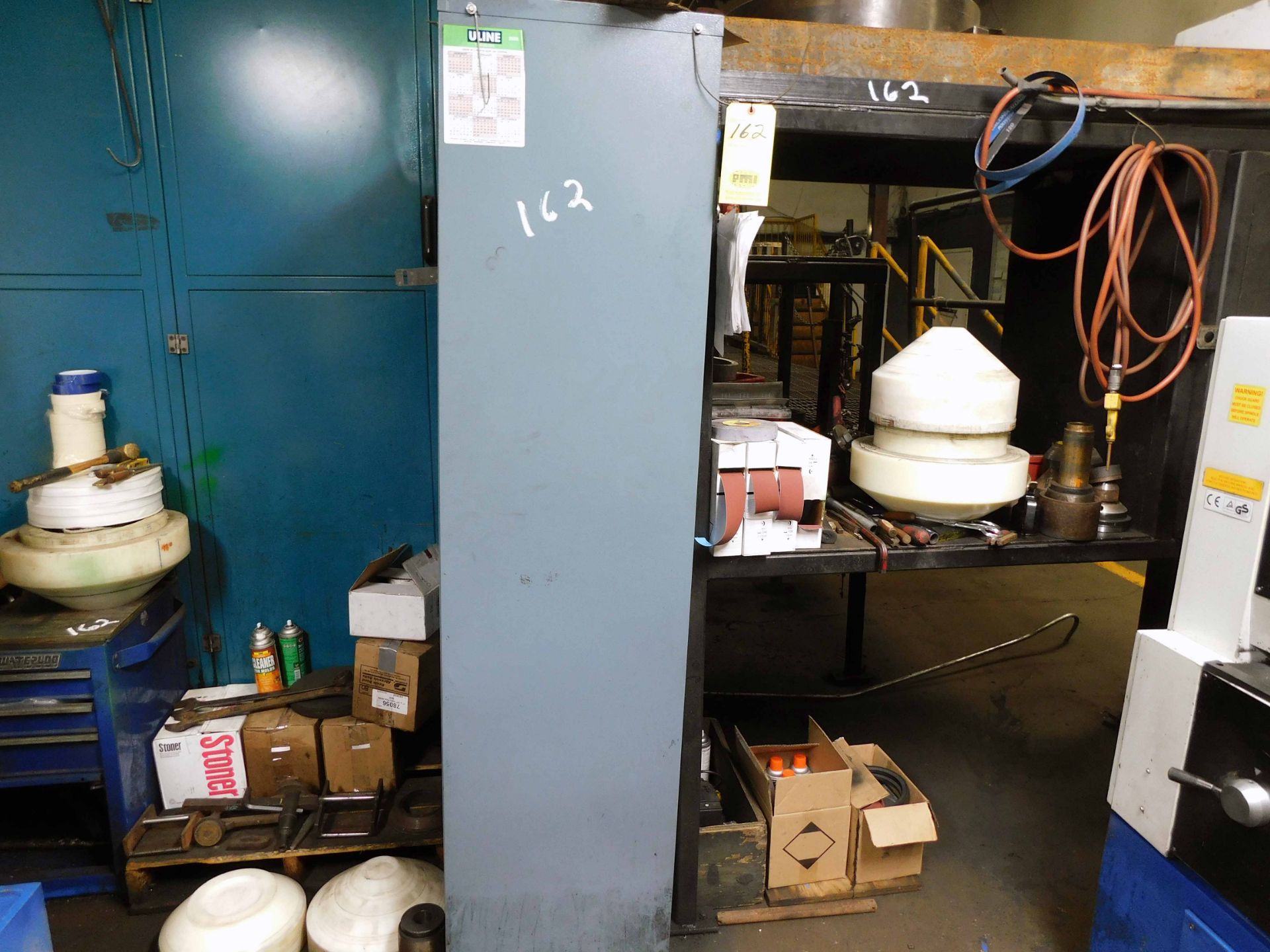 LOT CONSISTING OF: cabinet, shelving & assorted lathe centers, toolpost, etc.