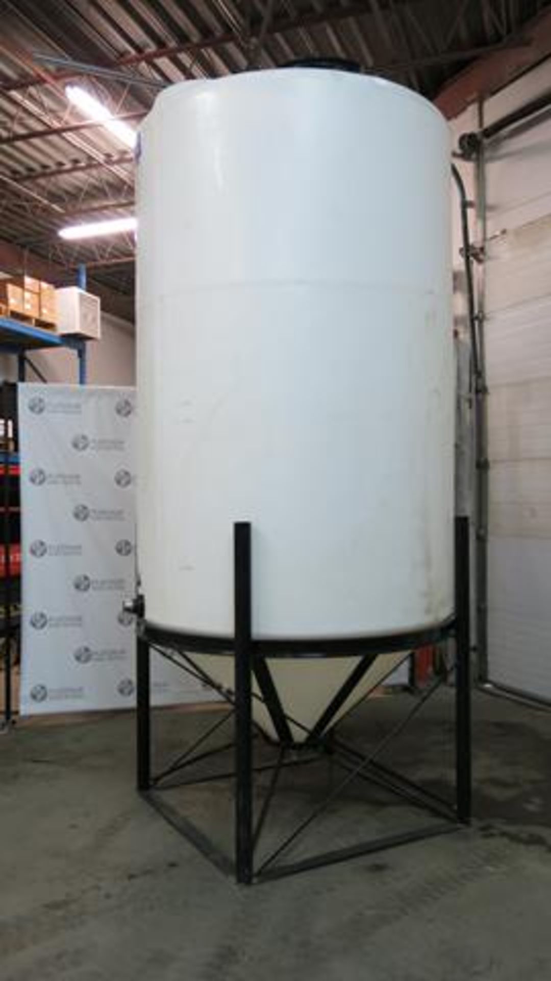 ACE ROTO-MOLD, 1,490 GALLON, CONE BOTTOM, PLASTIC TANK WITH 64", STEEL STAND, 2" OUTLET FLANGE
