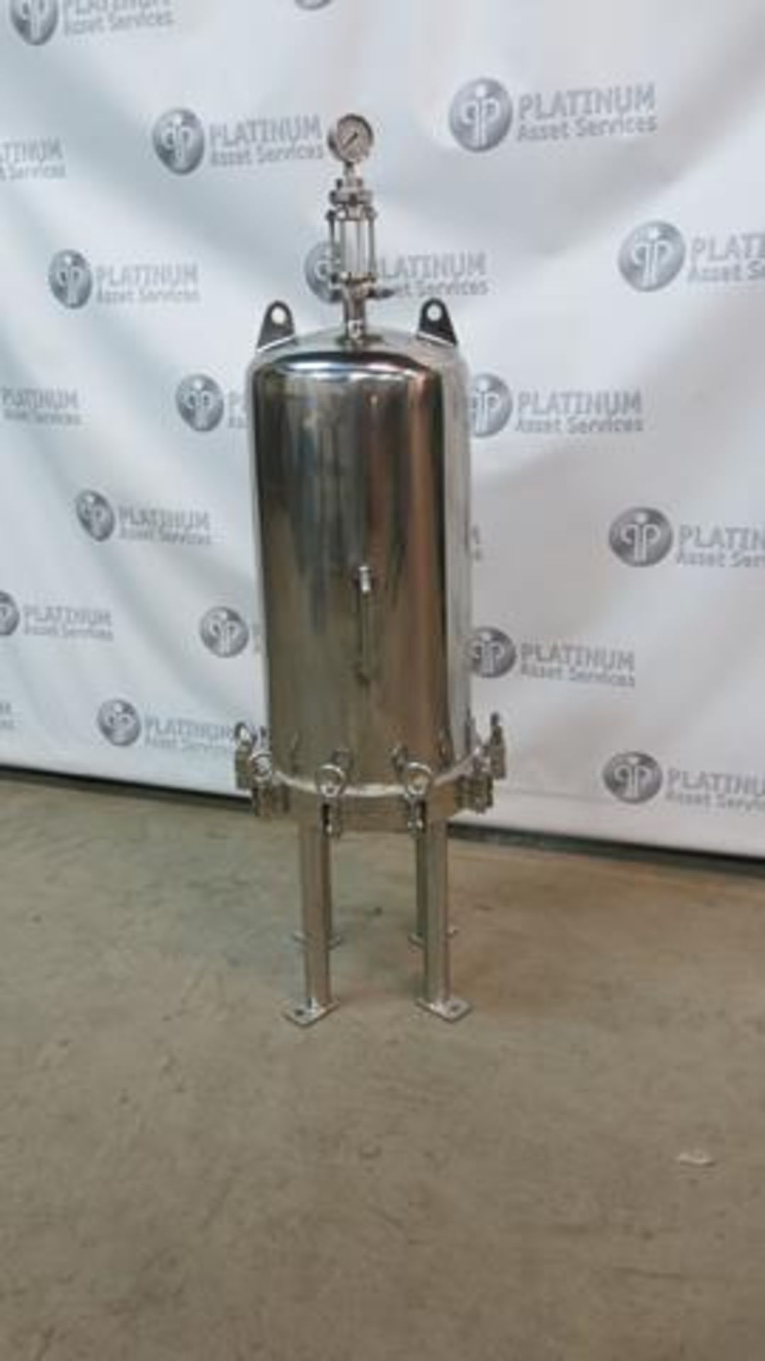 SEDIMENT FILTER, STAINLESS STEEL, 10 GALLON, 1.5" FLANGE INLET / OUTLET, GW KENT, PRESSURE VIAL, 150