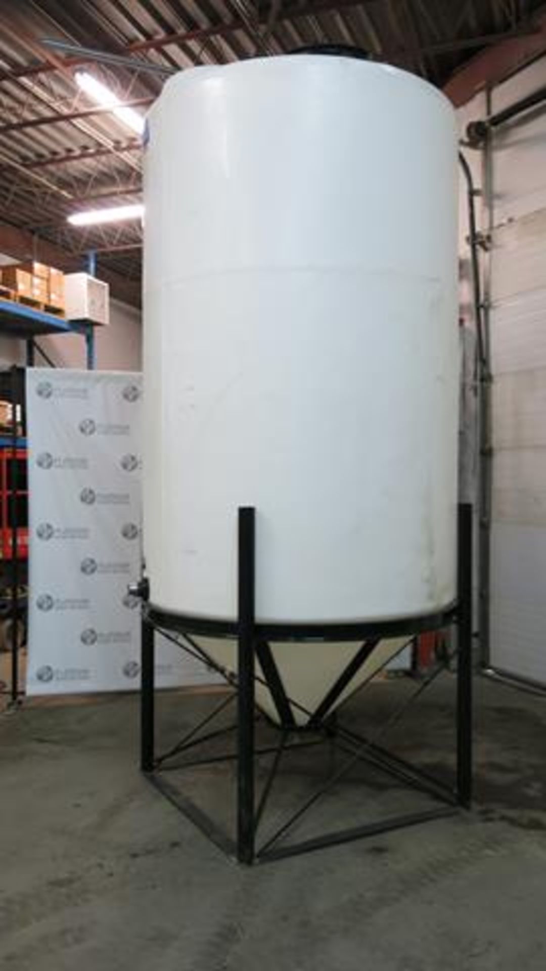 ACE ROTO-MOLD, 1,490 GALLON, CONE BOTTOM, PLASTIC TANK WITH 64", STEEL STAND, 2" OUTLET FLANGE