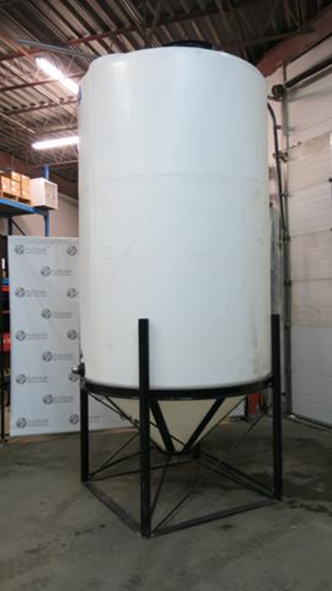 ACE ROTO-MOLD, 1,490 GALLON, CONE BOTTOM, PLASTIC TANK WITH 64", STEEL STAND, 2" OUTLET FLANGE