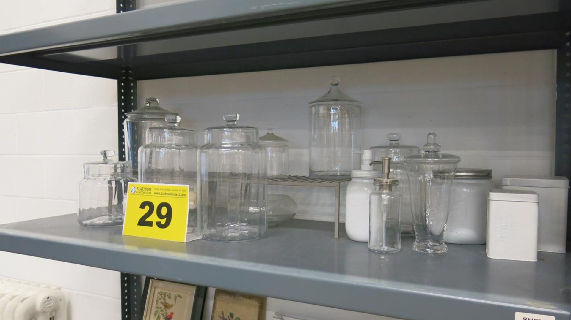 LOT OF GLASS JARS AND METAL BINS