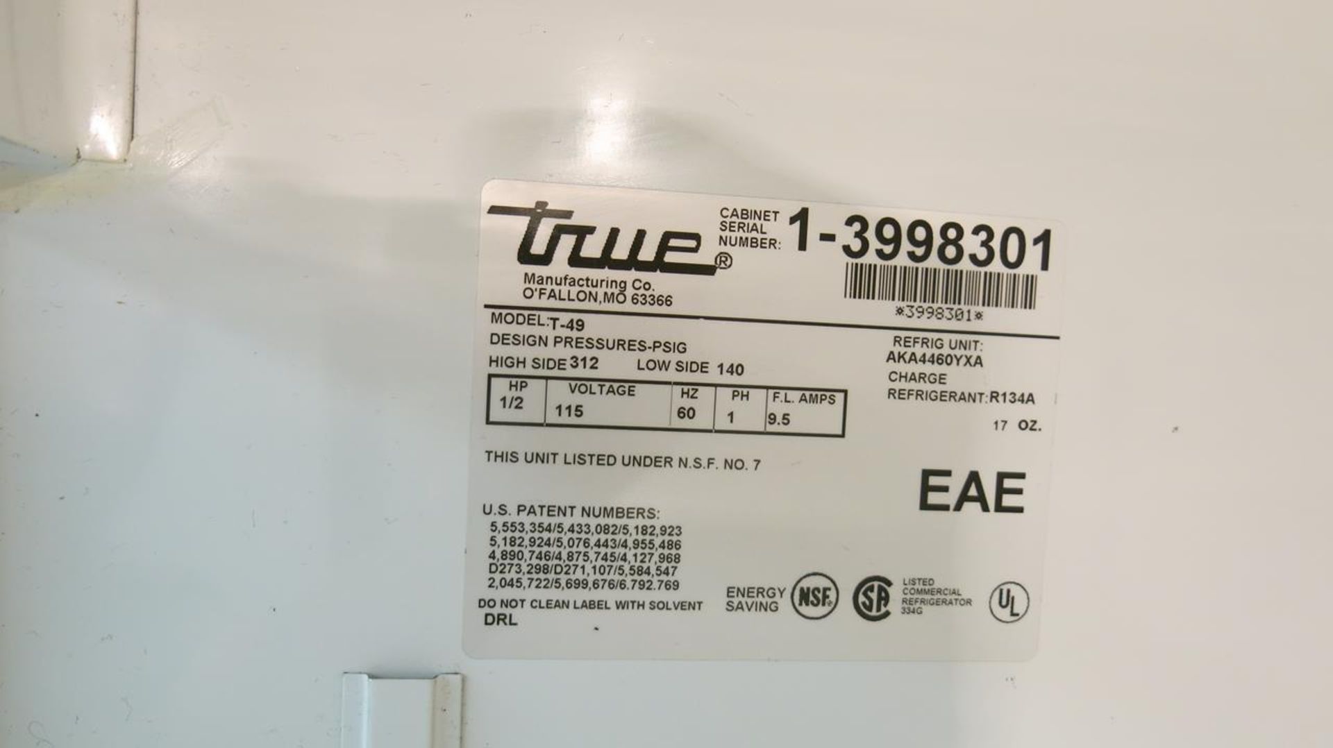 TRUE, T-49, 55", TWO DOOR, REACH-IN REFRIGERATOR, S/N 1-3998301 - Image 4 of 4