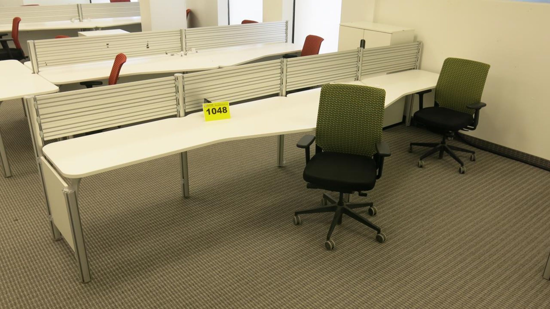 LOT OF OFFICE DESK AND (2) GREEN, FABRIC, OFFICE CHAIRS ON CASTERS