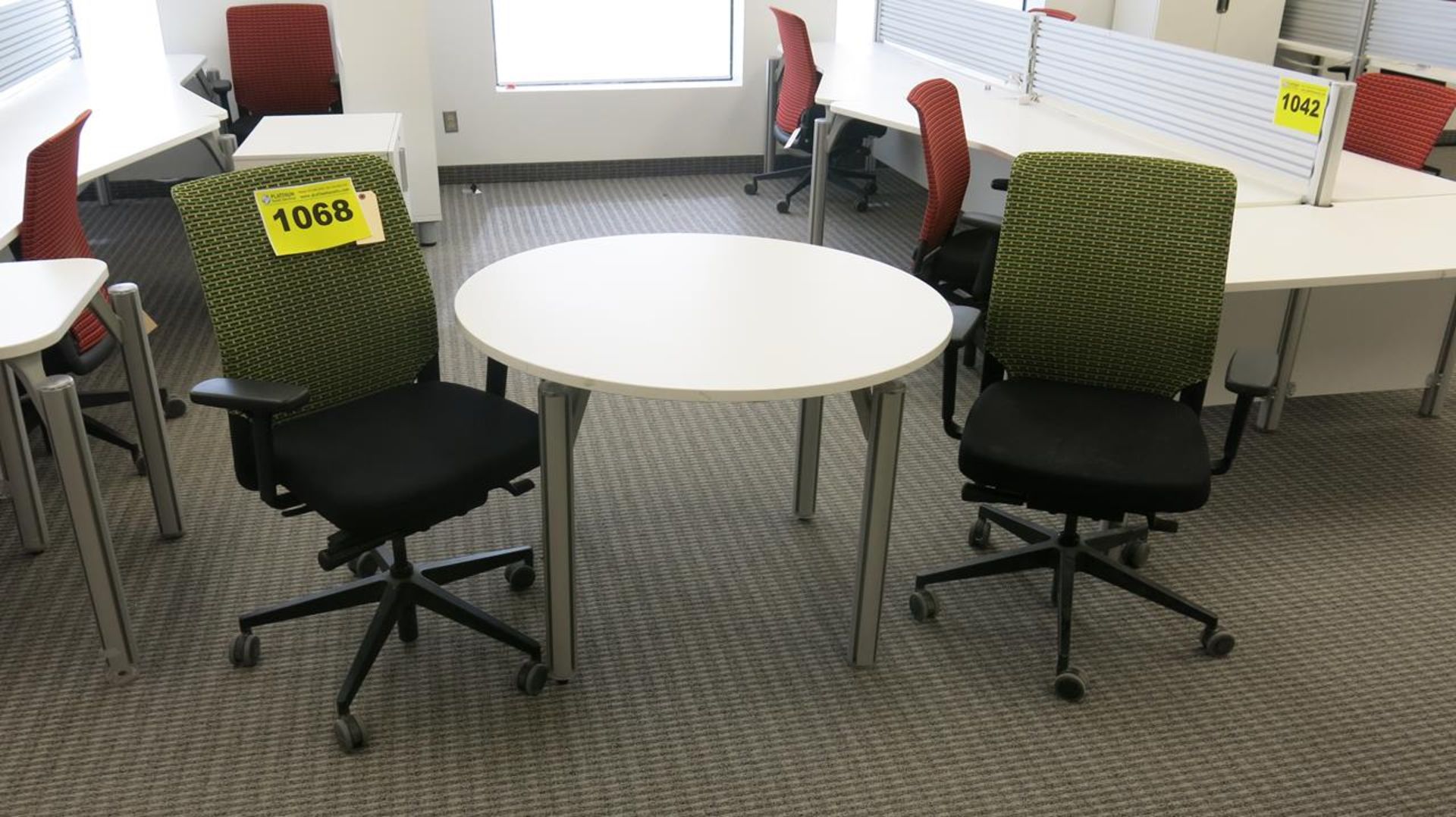 LOT OF (1) TABLE WITH (2) GREEN, FABRIC, CHAIRS ON CASTERS