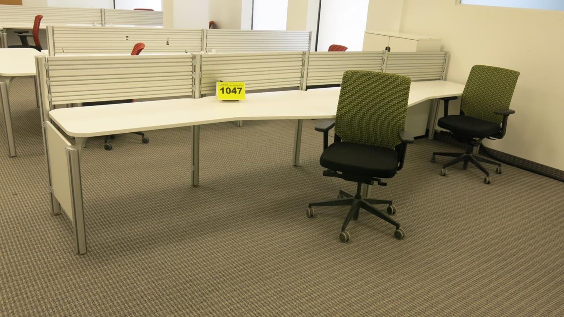 LOT OF OFFICE DESK AND (2) GREEN, FABRIC, OFFICE CHAIRS ON CASTERS