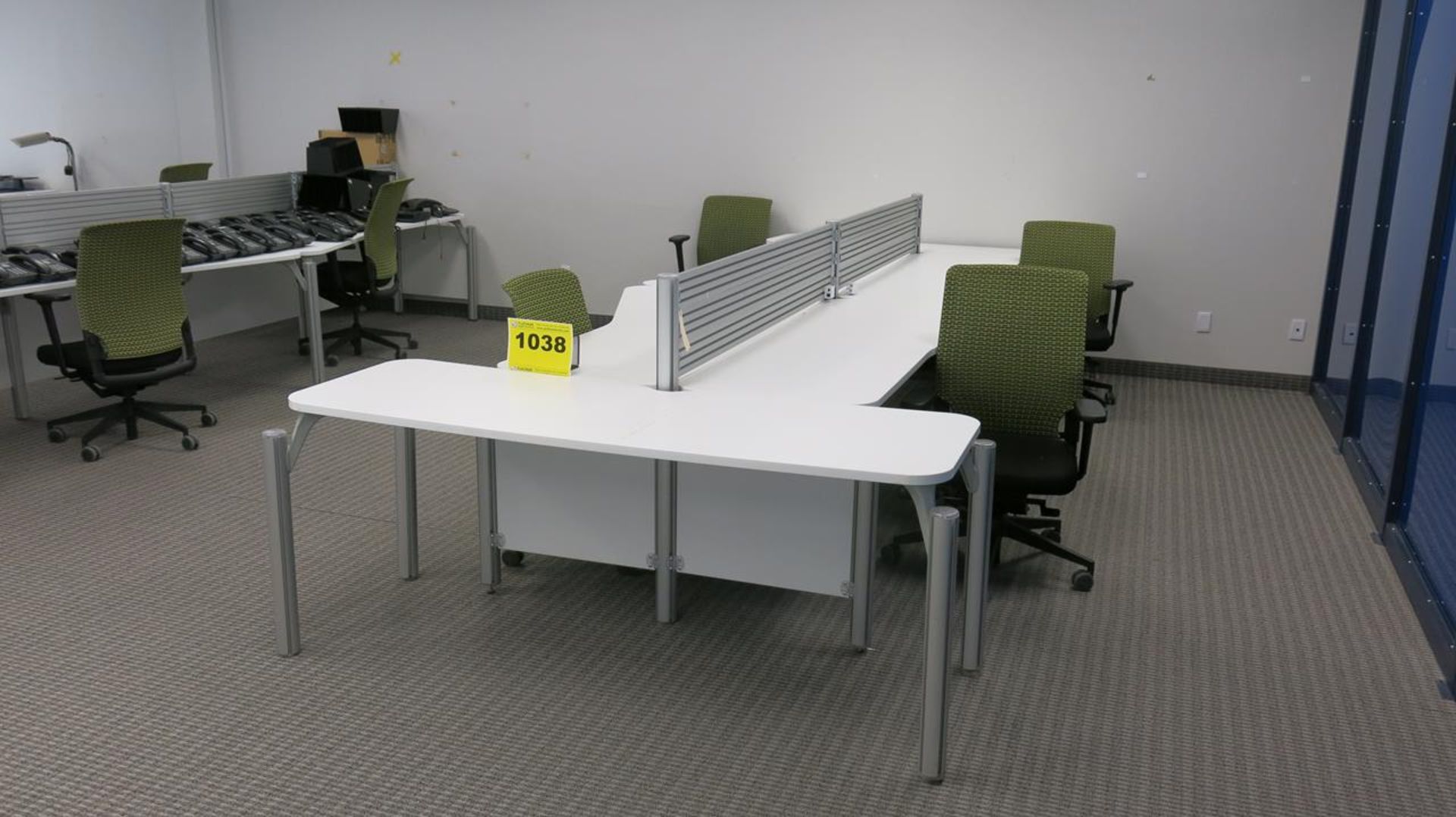 LOT OF OFFICE DESKS AND (4) GREEN, FABRIC, OFFICE CHAIRS ON CASTERS