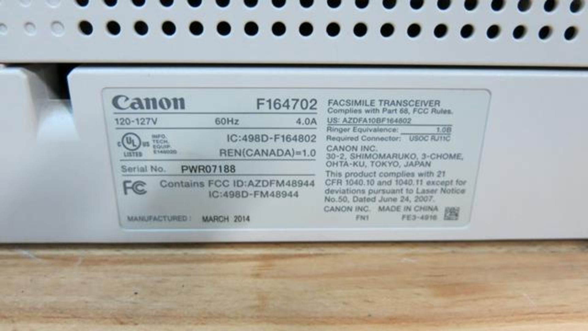 CANON, IMAGECLASS MF8280CW, MULTI-FUNCTIONAL PRINTER, S/N PWR07188, 2014 (TAG #337) - Image 4 of 4