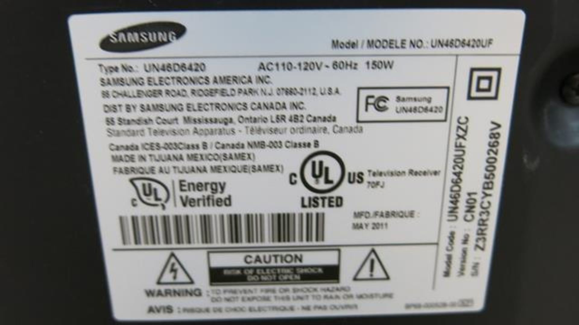 SAMSUNG, UN46D640UF, 46", LED TELEVISION, S/N Z3RR3CYB500268V (NO REMOTE) (TAG#348) - Image 3 of 3