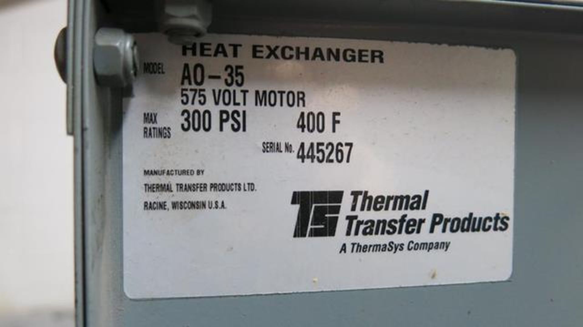 THERMAL TRANSFER PRODUCTS, A0-35, HEAT EXCHANGER, 575 VAC, 300 PSI WITH (2) BROOK, 30 HP, MOTORS AND - Image 3 of 9