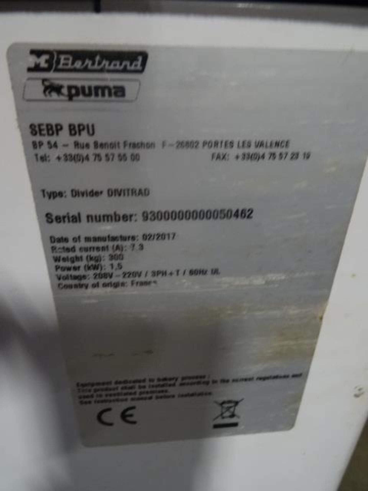 BERTRAND/PUMA, SEBP BPU, HYDRAULIC DOUGH DIVIDER, S/N 9300000000050462 - Image 5 of 5