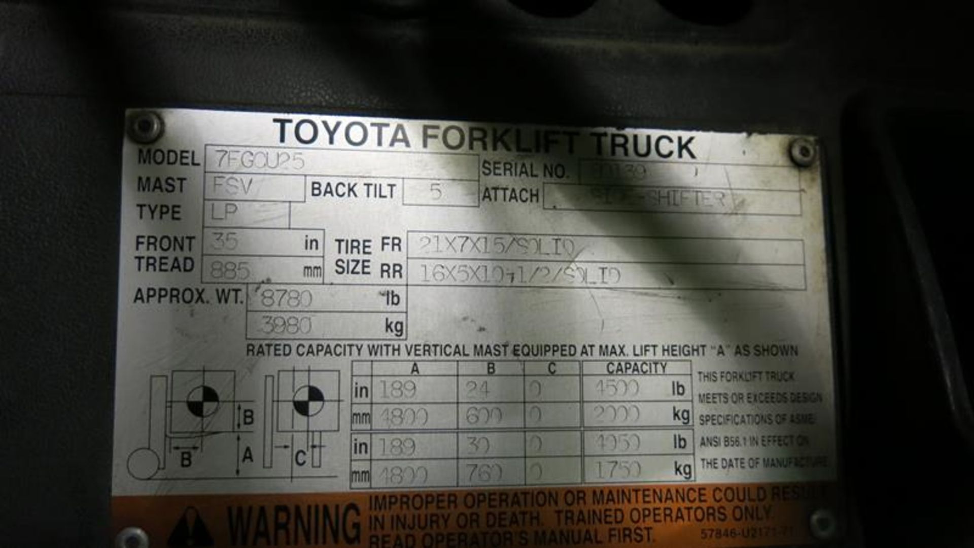 TOYOTA, 7FGCU25, 4,500 LBS, 3 STAGE, LPG FORKLIFT WITH SIDE SHIFT, 189" MAXIMUM LIFT, S/N 80139 - Image 8 of 8