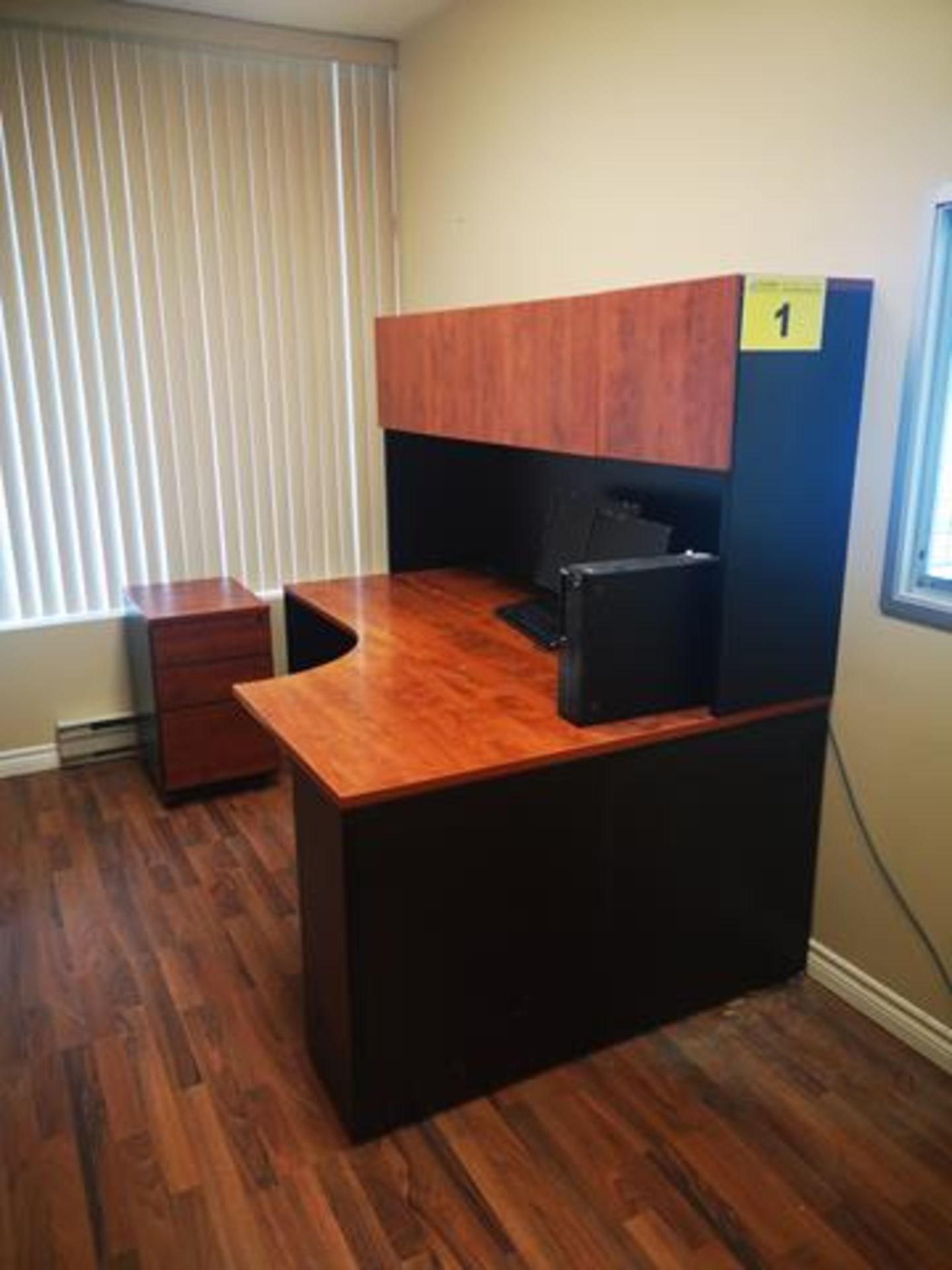 L-SHAPED, WOOD DESK WITH THREE DRAWER, CABINET ON WHEELS