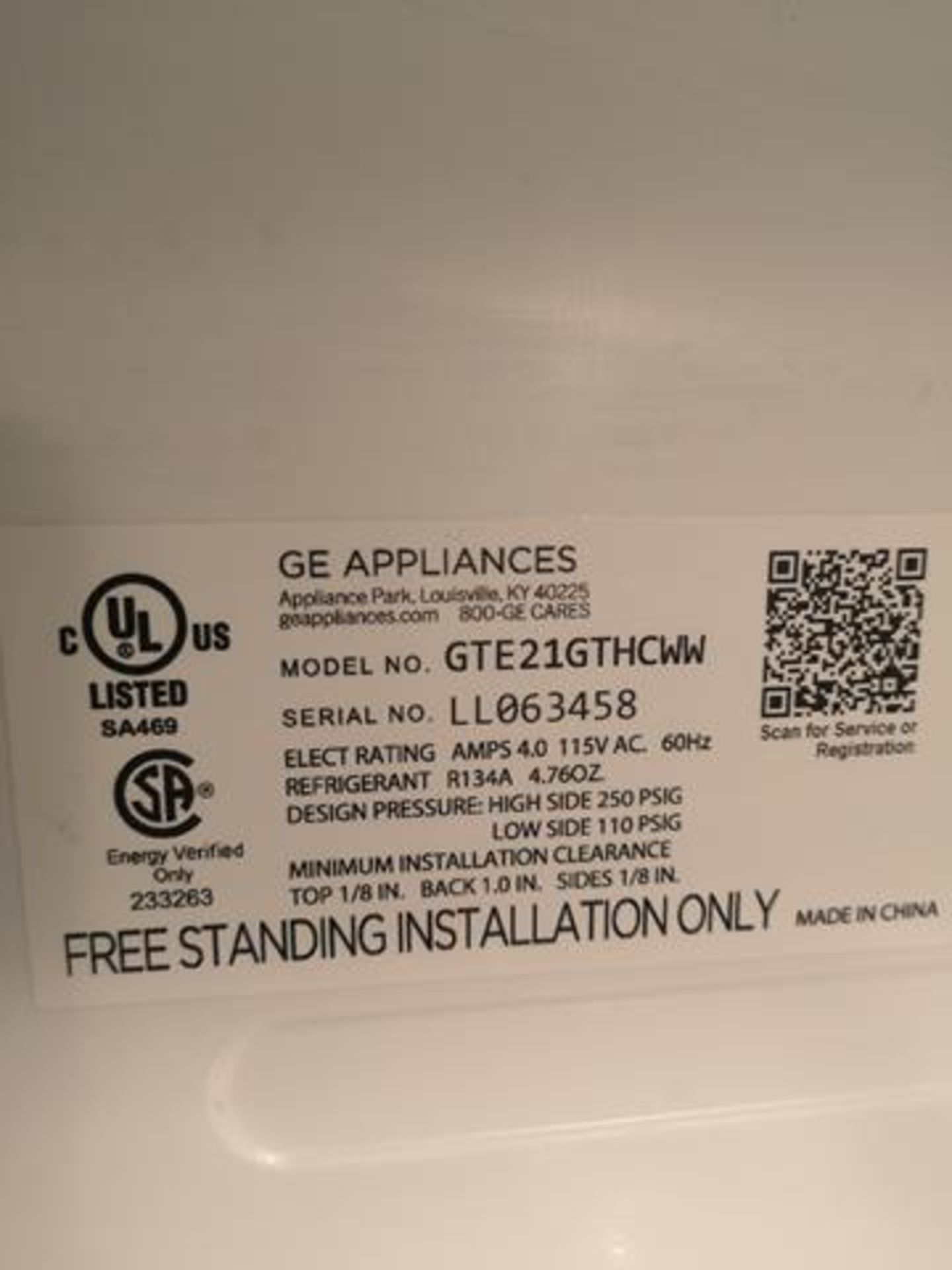 GE, GTE21GTHCWW, WHITE, REFRIGERATOR, S/N LL063458 - Image 3 of 3