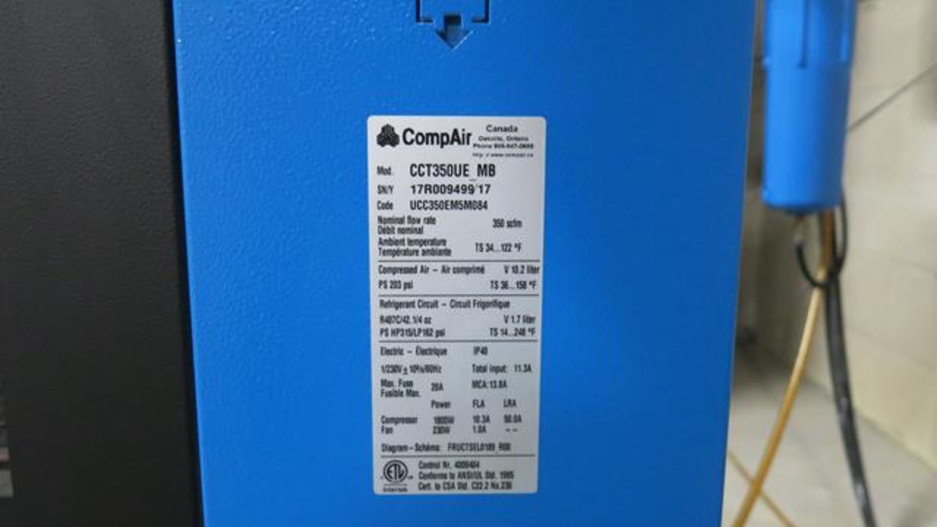 COMPAIR, CCT35OUE, 350 CFM, REFRIGERATED AIR DRYER, S/N 17R009499/17,(RIGGING $200) - Image 4 of 4