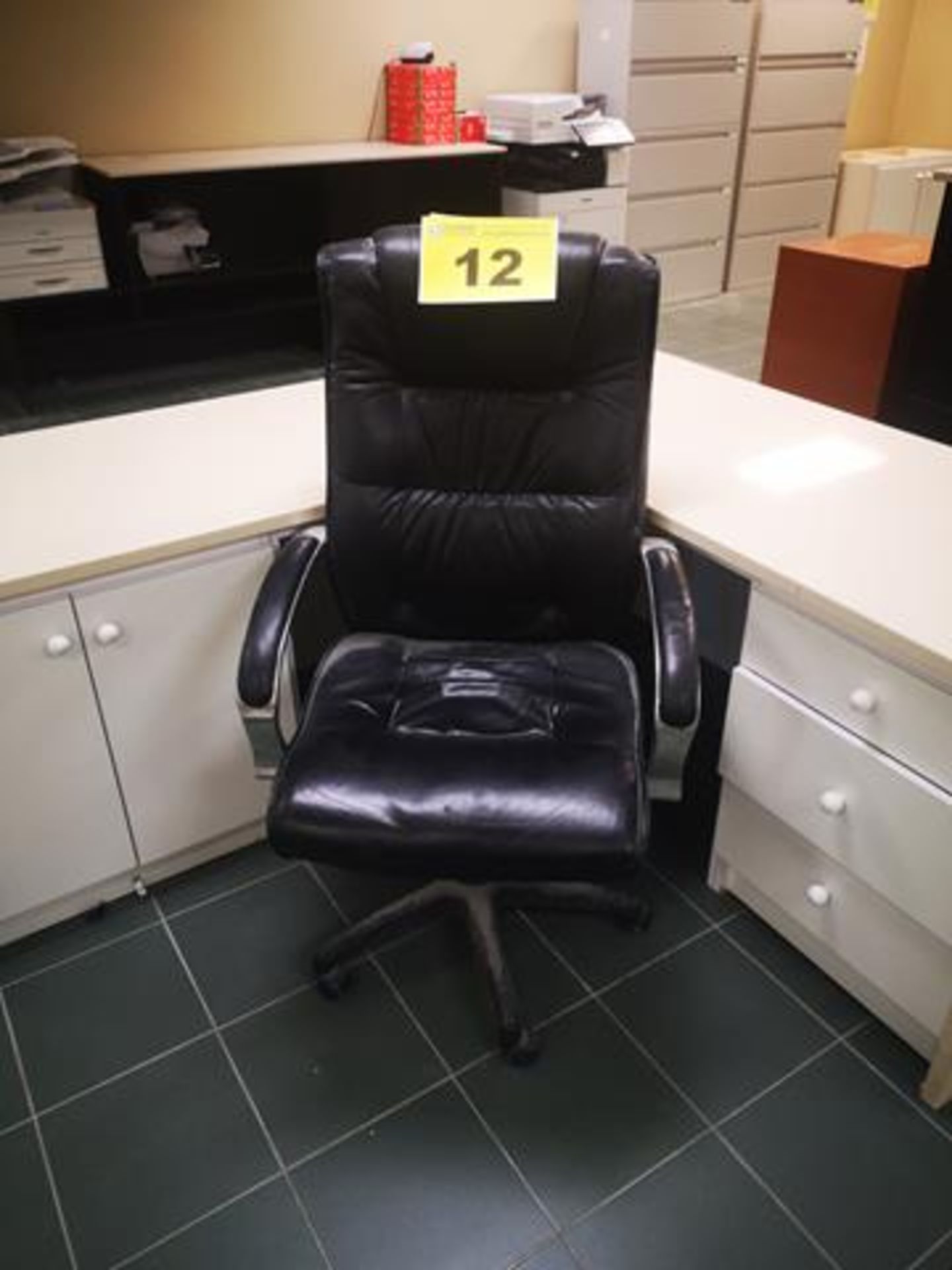 BLACK, LEATHER OFFICE CHAIR ON CASTERS