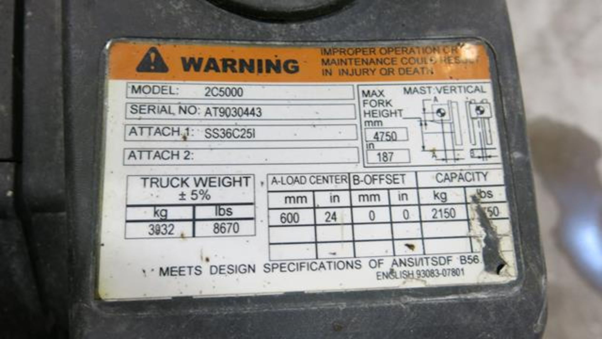 CATERPILLAR, 2C5000, 4,750 LBS., 3 STAGE LPG FORKLIFT WITH SIDESHIFT, 187" MAXIMUM LIFT, S/N - Image 6 of 7