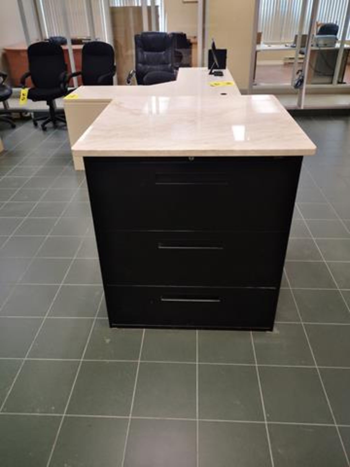 TWO SIDED, BLACK, THREE DRAWER, FILING CABINET WITH STONE TOP - Image 2 of 2