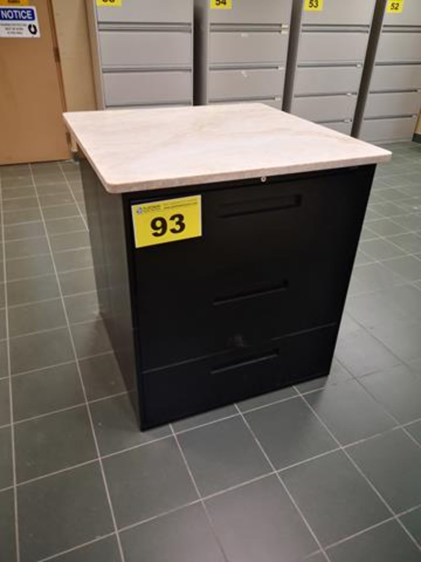 TWO SIDED, BLACK, THREE DRAWER, FILING CABINET WITH STONE TOP