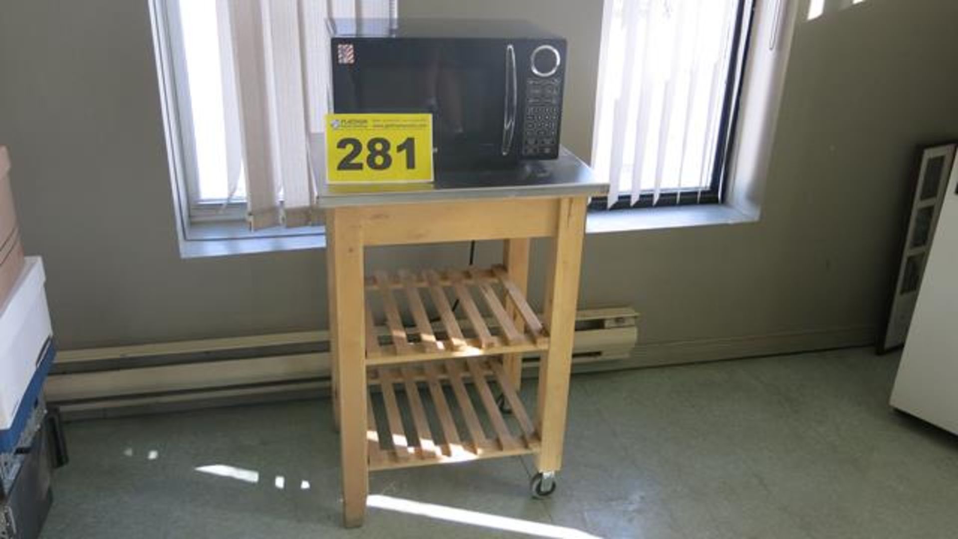 MICROWAVE WITH WOOD STAND ON WHEELS