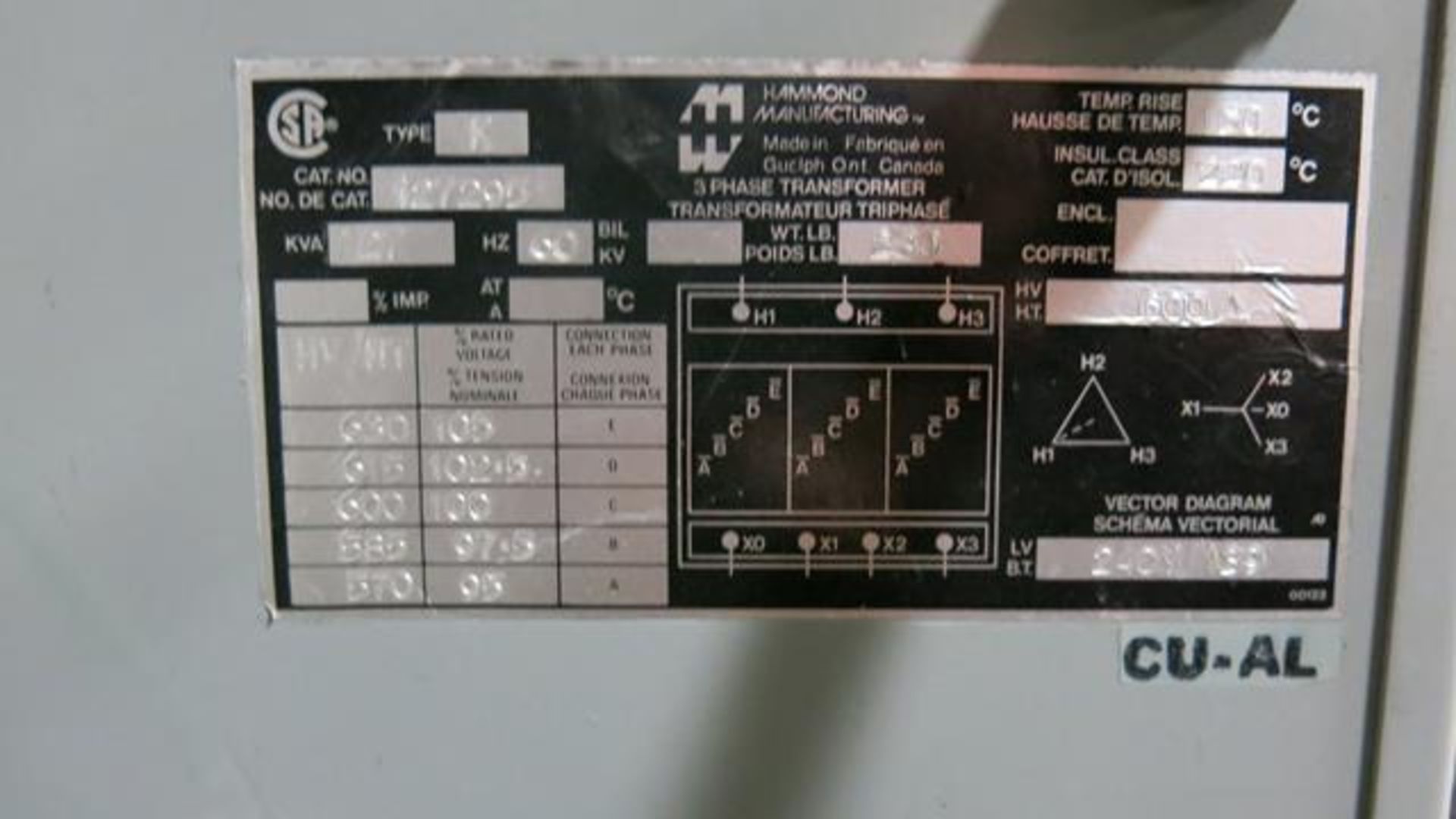 HAMMOND, 27 KVA, TRANSFORMER 600 TO 240 VAC, 3 PHASE - Image 2 of 2