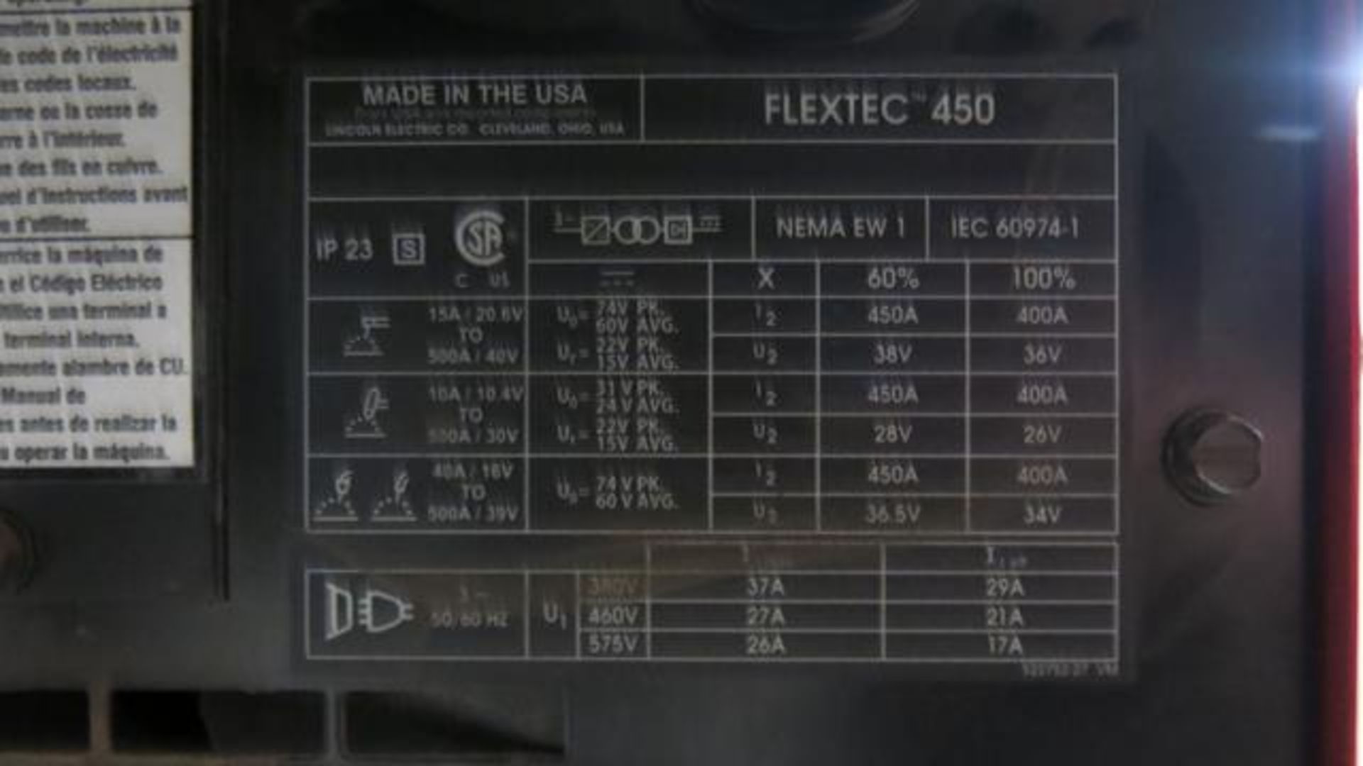 LINCOLN, FLEXTEC 450, 450 AMP, MULTI PROCESS WELDER (MIG, TIG, STICK, FLUX-CORED, ARC GOUGING) - Image 5 of 6