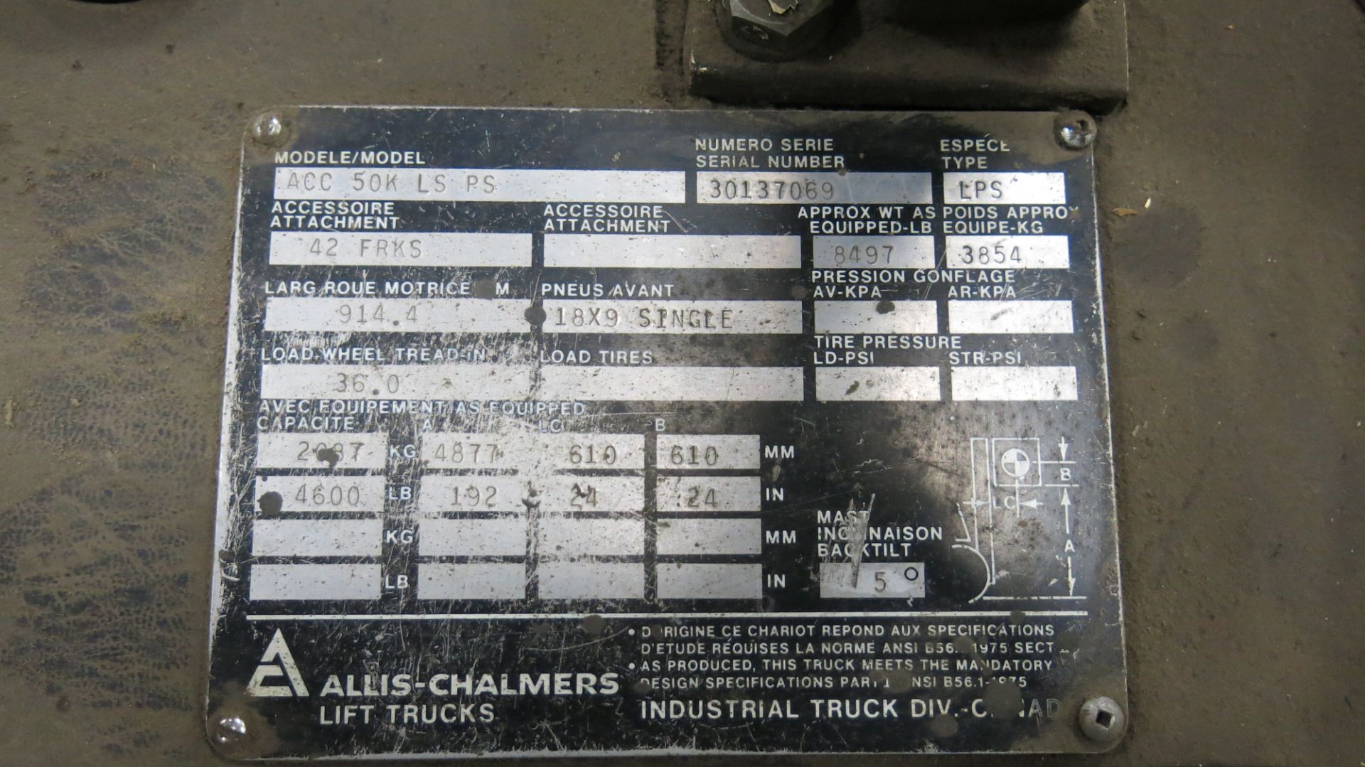 ALLIS-CHALMERS, ACC 50K LS PS, 4,600 LBS., 3 STAGE, LPG FORKLIFT, SIDESHIFT, 192" MAXIMUM LIFT, 5, - Image 6 of 6