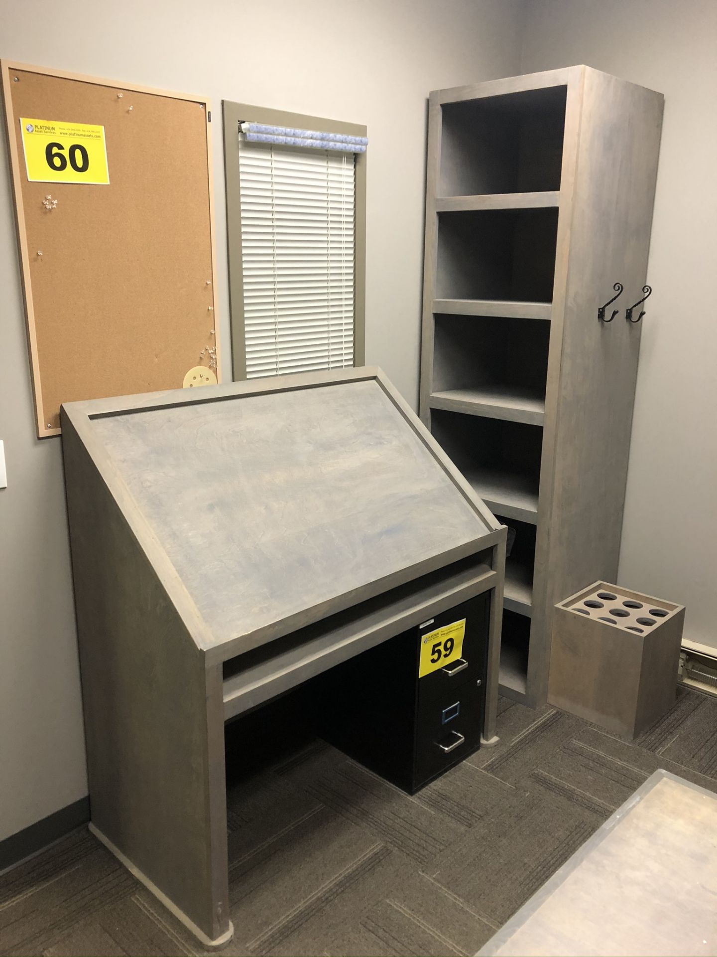 GRAY, L-SHAPED OFFICE DESK WITH DRAFTING TABLE, BOOKSHELF AND SITE PLANT FOLDER - Image 2 of 3