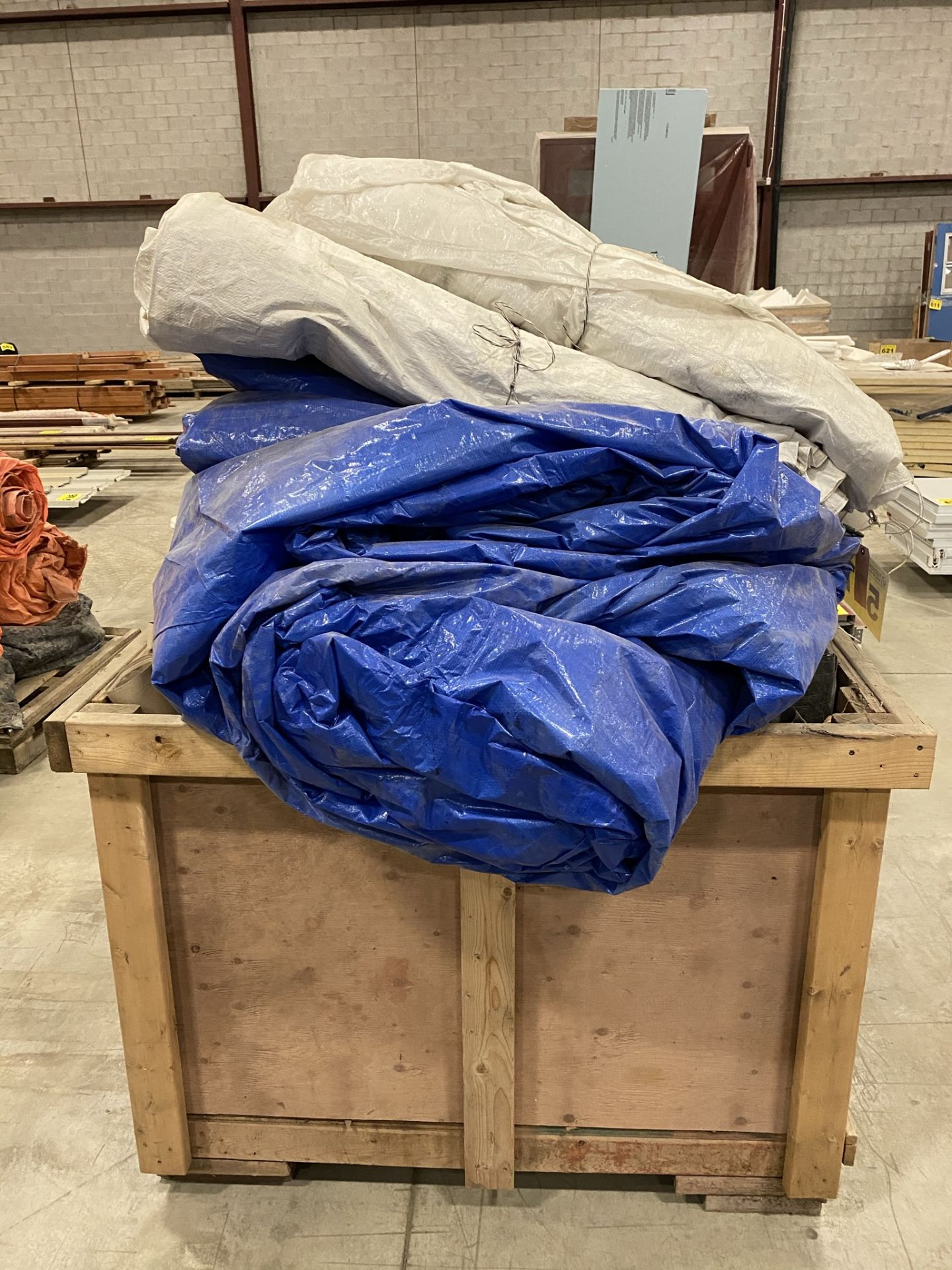 LOT OF (8) LARGE CONSTRUCTION TARPS IN WOODEN TRAVEL TOTES, 4' X 4' - Image 2 of 4