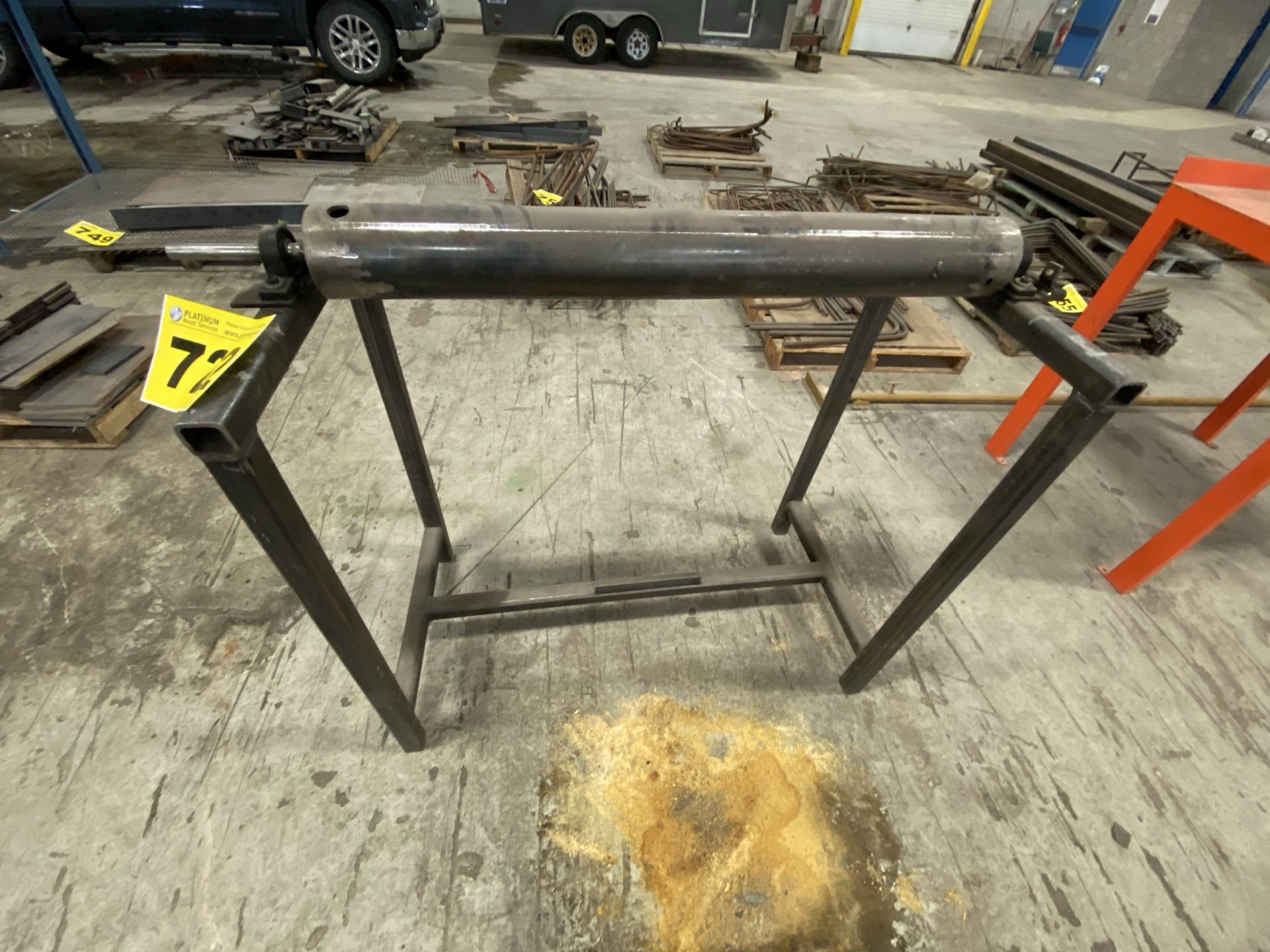 CUSTOM FABRICATED, STEEL, OUTFEED ROLLER ON STAND, 3' X 3' X 4'