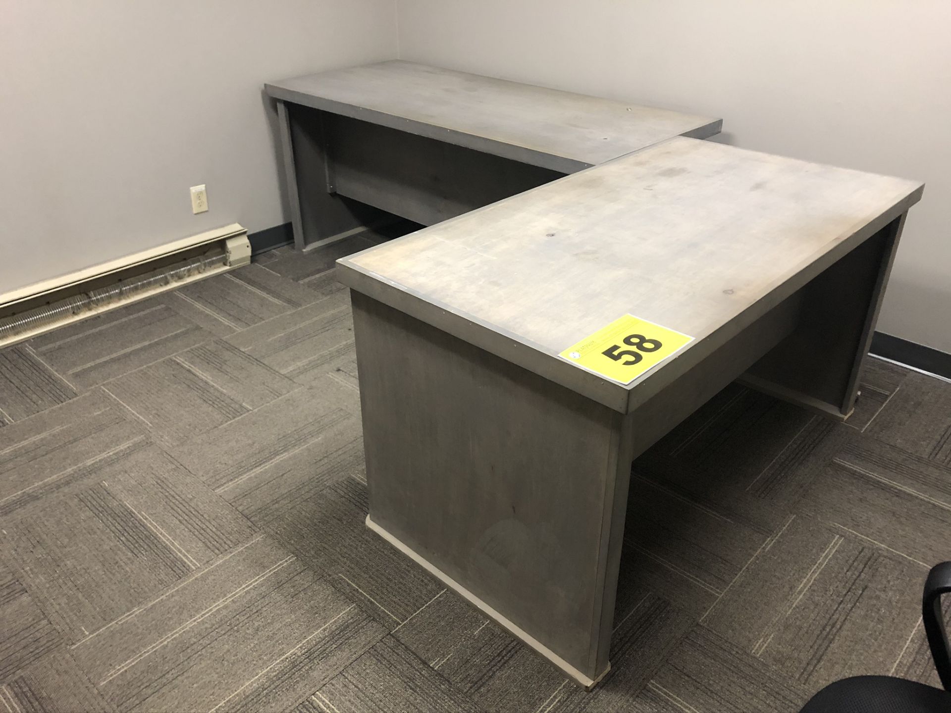 GRAY, L-SHAPED OFFICE DESK WITH DRAFTING TABLE, BOOKSHELF AND SITE PLANT FOLDER