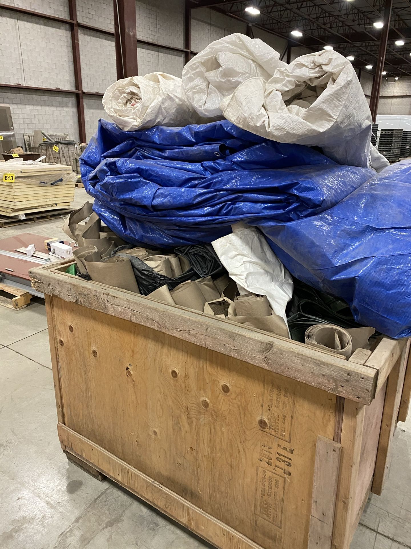 LOT OF (8) LARGE CONSTRUCTION TARPS IN WOODEN TRAVEL TOTES, 4' X 4' - Image 3 of 4