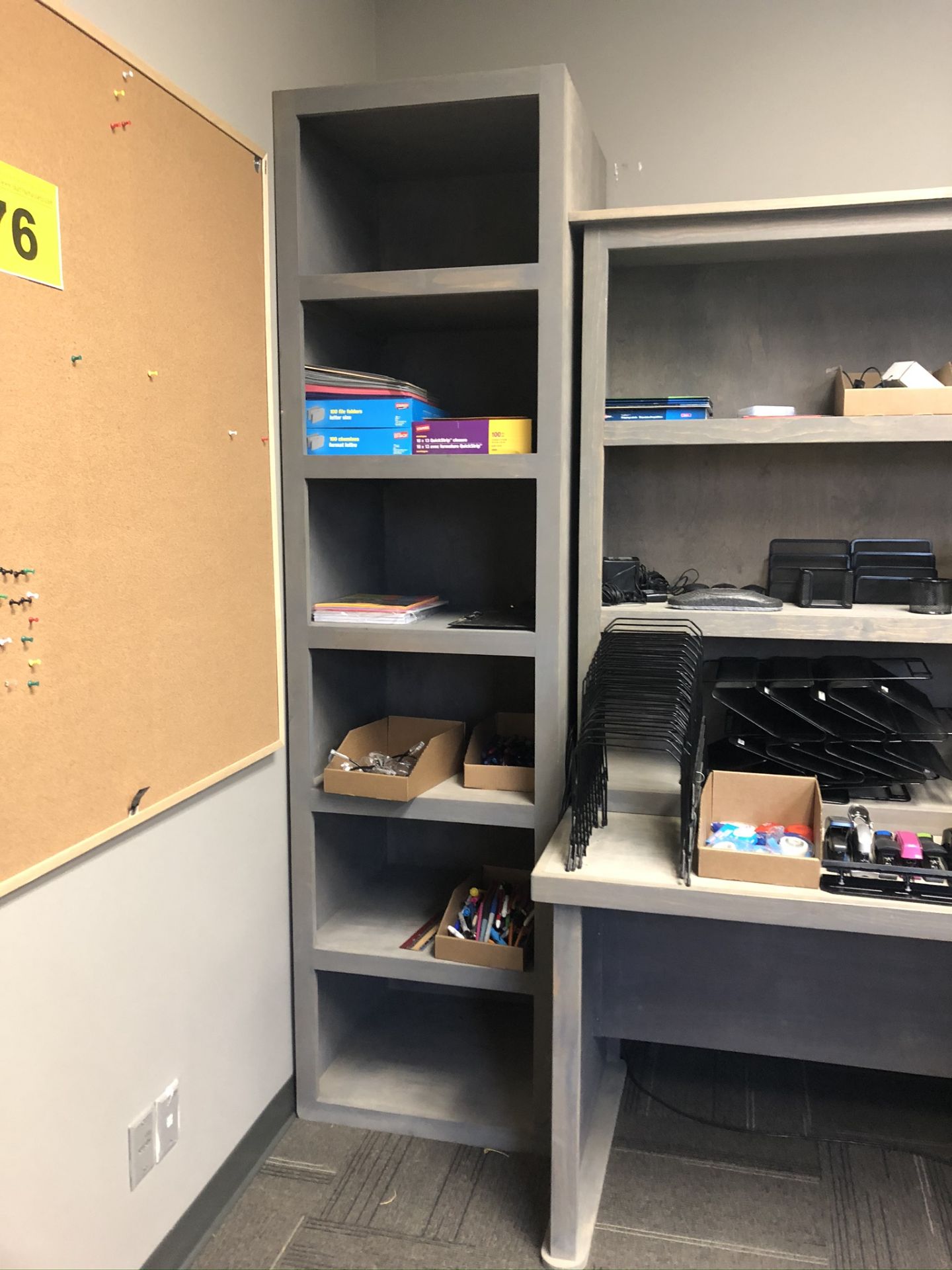 L-SHAPED, GRAY, WOOD OFFICE DESK WITH HUTCH, BOOKCASE AND TABLES (CONTENTS NOT INCLUDED) - Image 2 of 3