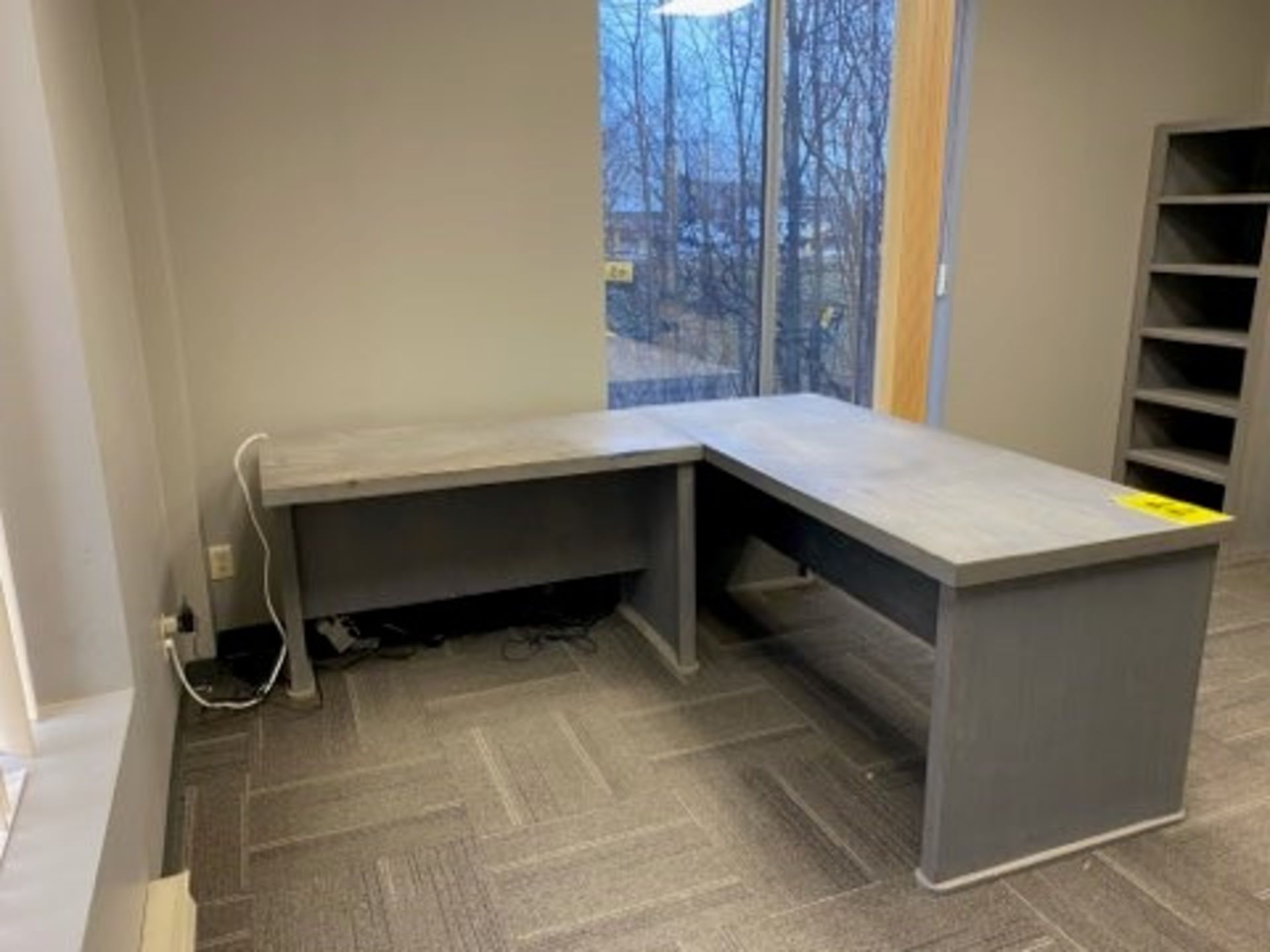 L-SHAPED, GRAY, WOOD OFFICE DESK WITH BOOKCASE - Image 2 of 3