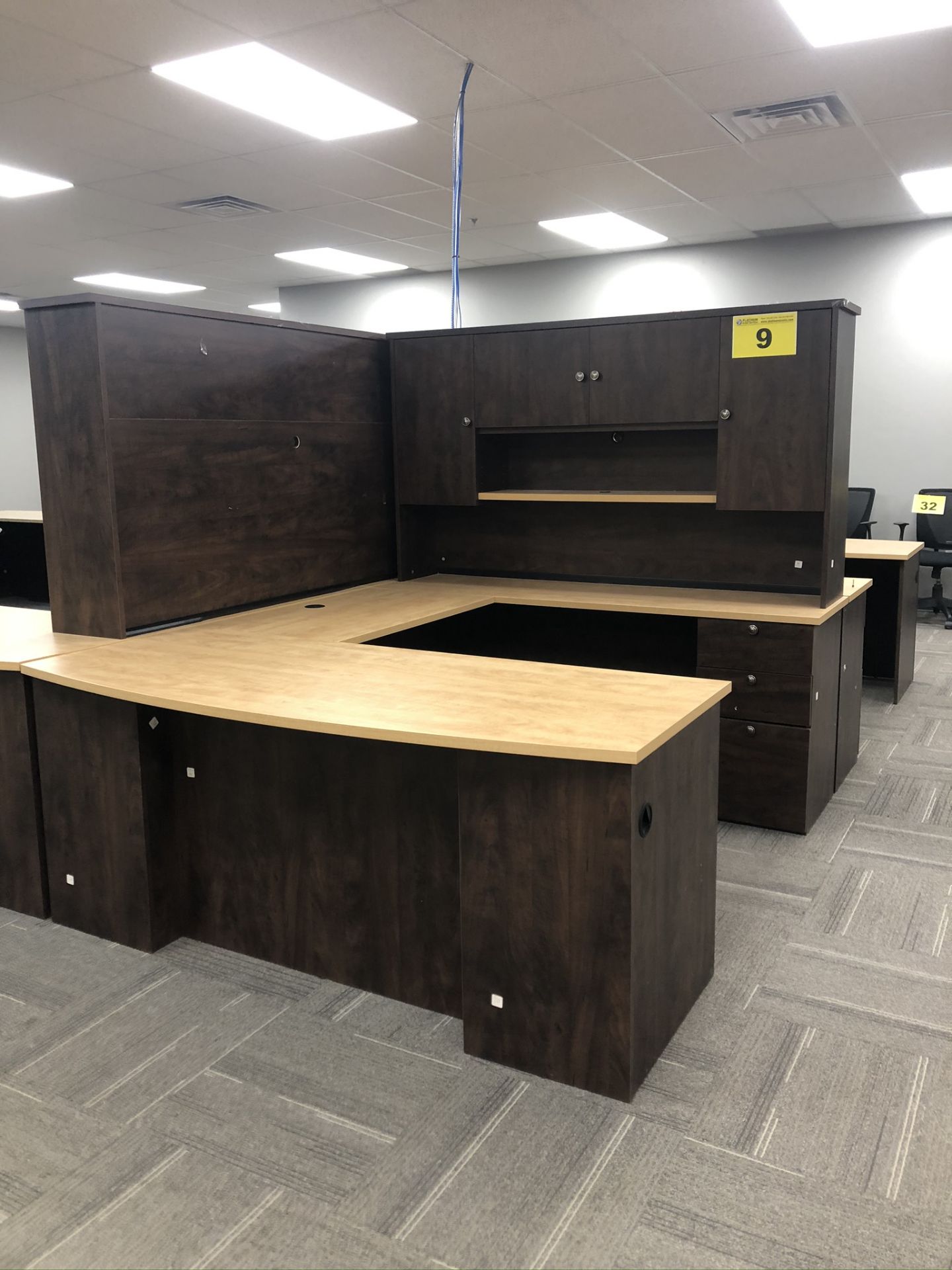 BROWN, U-SHAPED, OFFICE DESK WITH HUTCH, 7' X 6'