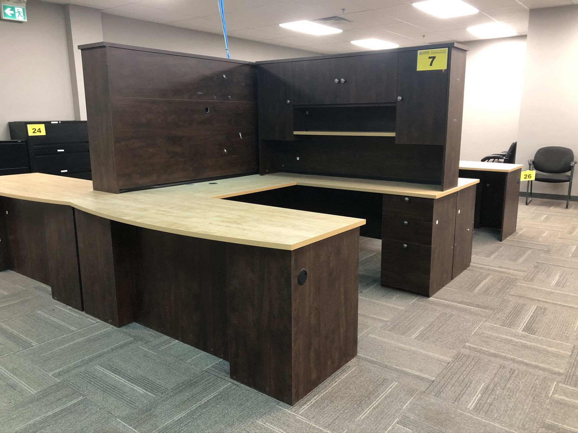 BROWN, U-SHAPED, OFFICE DESK WITH HUTCH, 7' X 6'