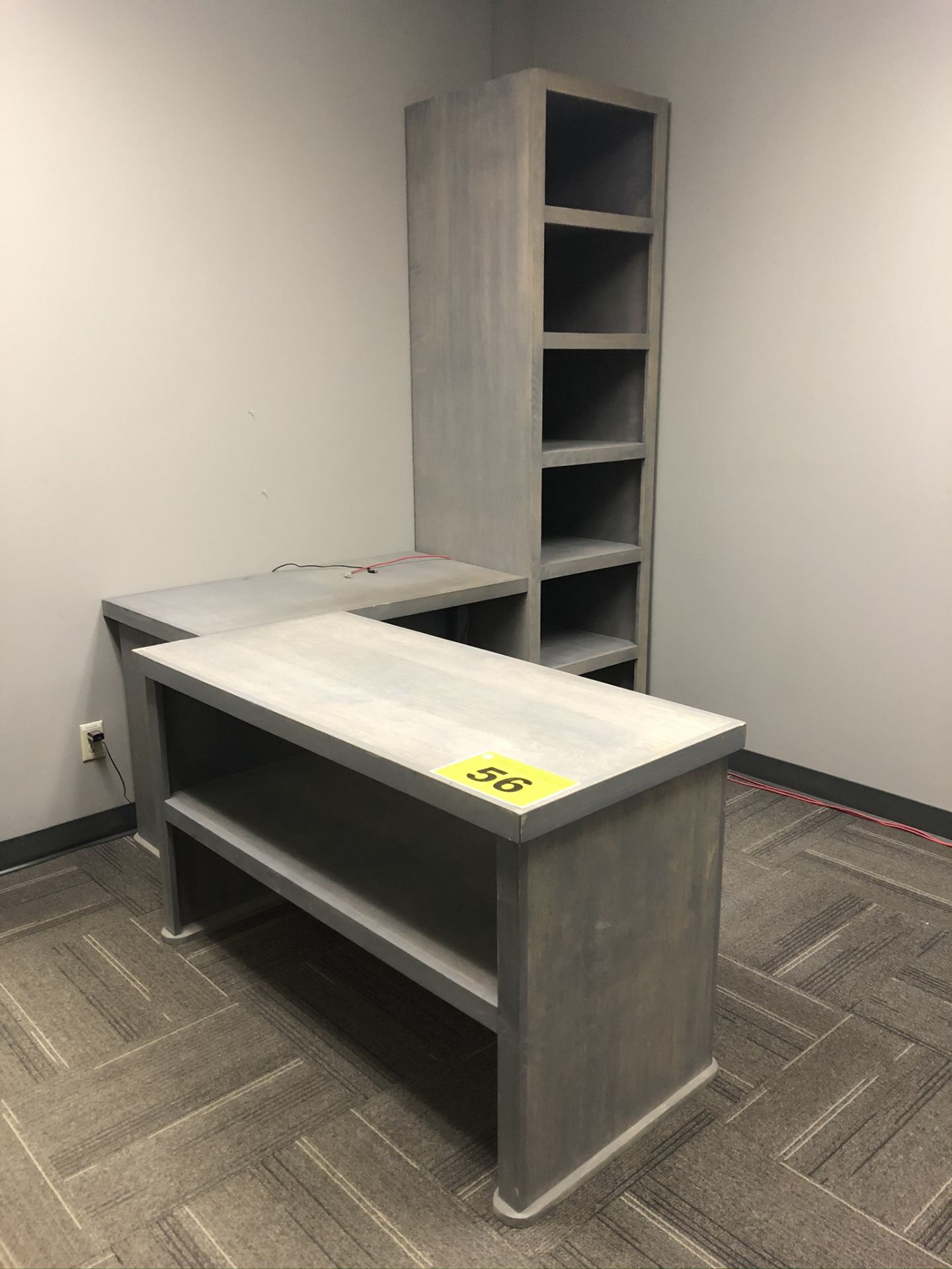 GRAY, L-SHAPED WOOD OFFICE DESK WITH BOOKSHELF