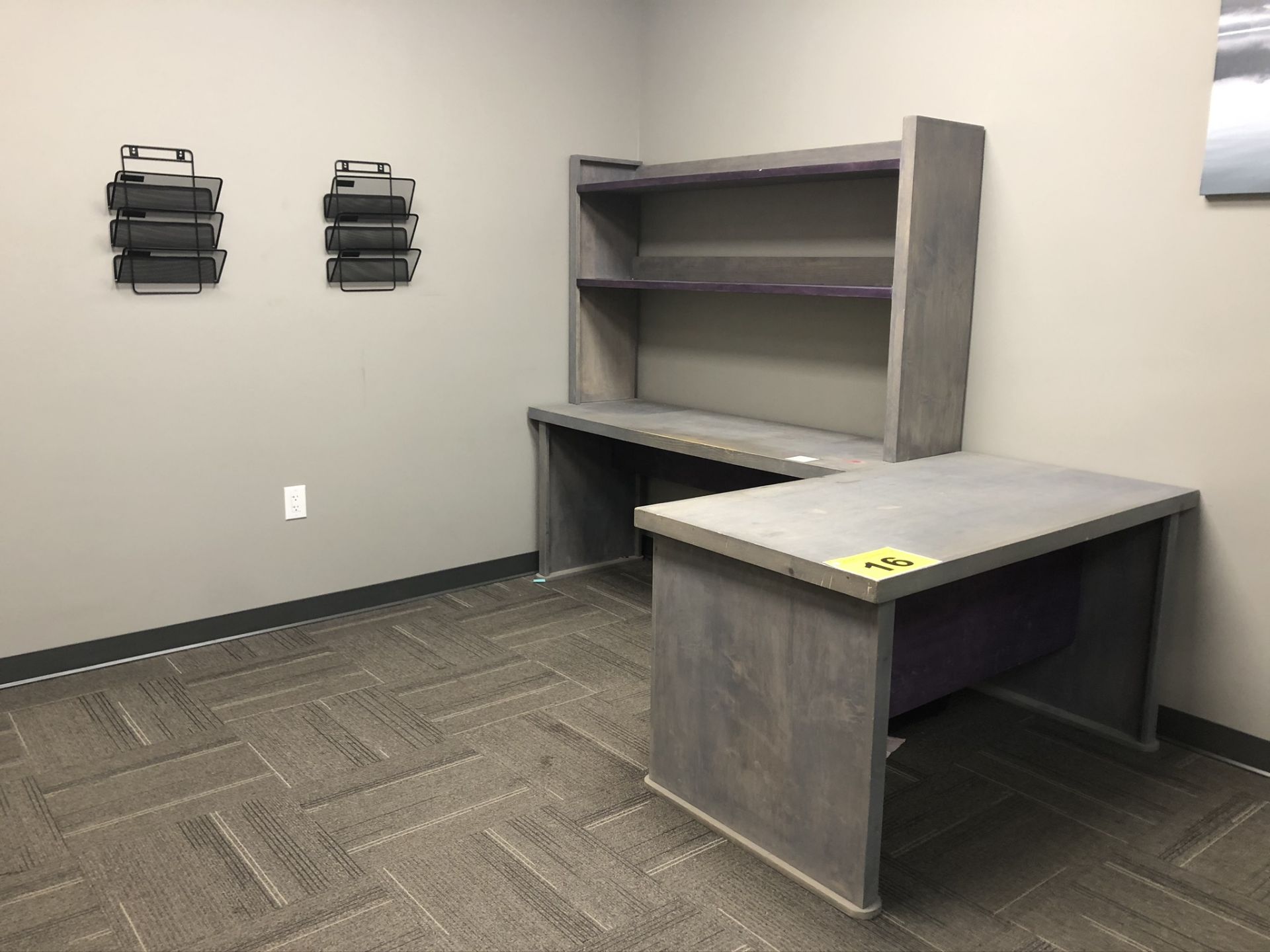 GRAY, L-SHAPED, OFFICE DESK WITH TABLE, HUTCH AND WALL MOUNTED FILING HOLDERS