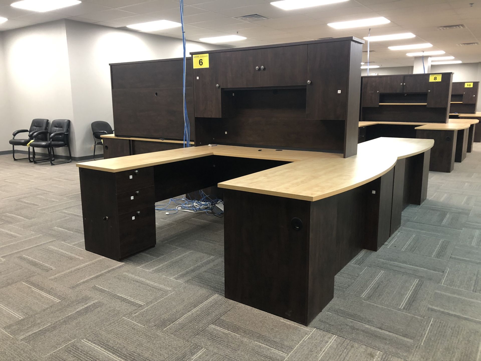BROWN, U-SHAPED, OFFICE DESK WITH HUTCH, 7' X 6'