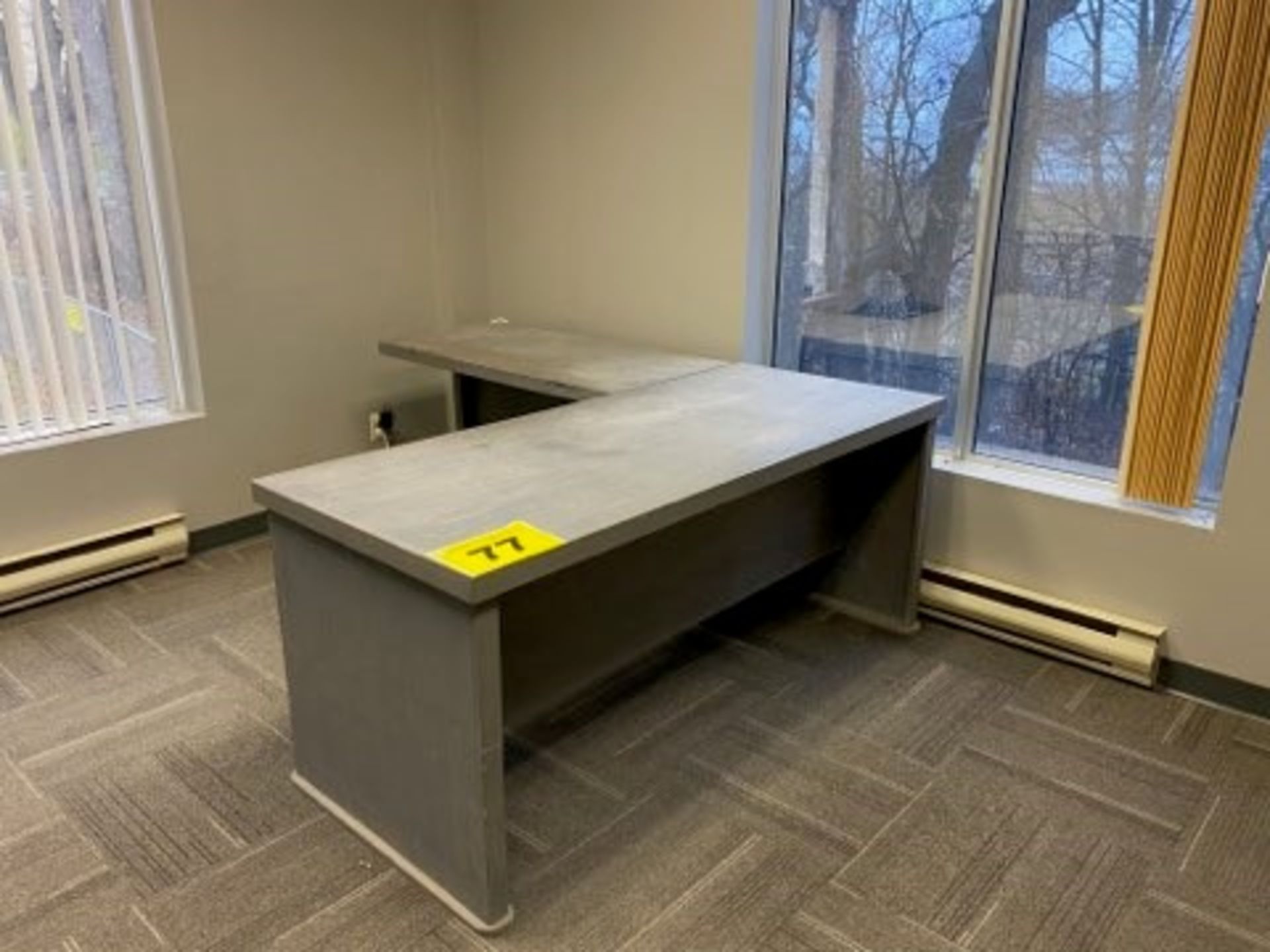 L-SHAPED, GRAY, WOOD OFFICE DESK WITH BOOKCASE