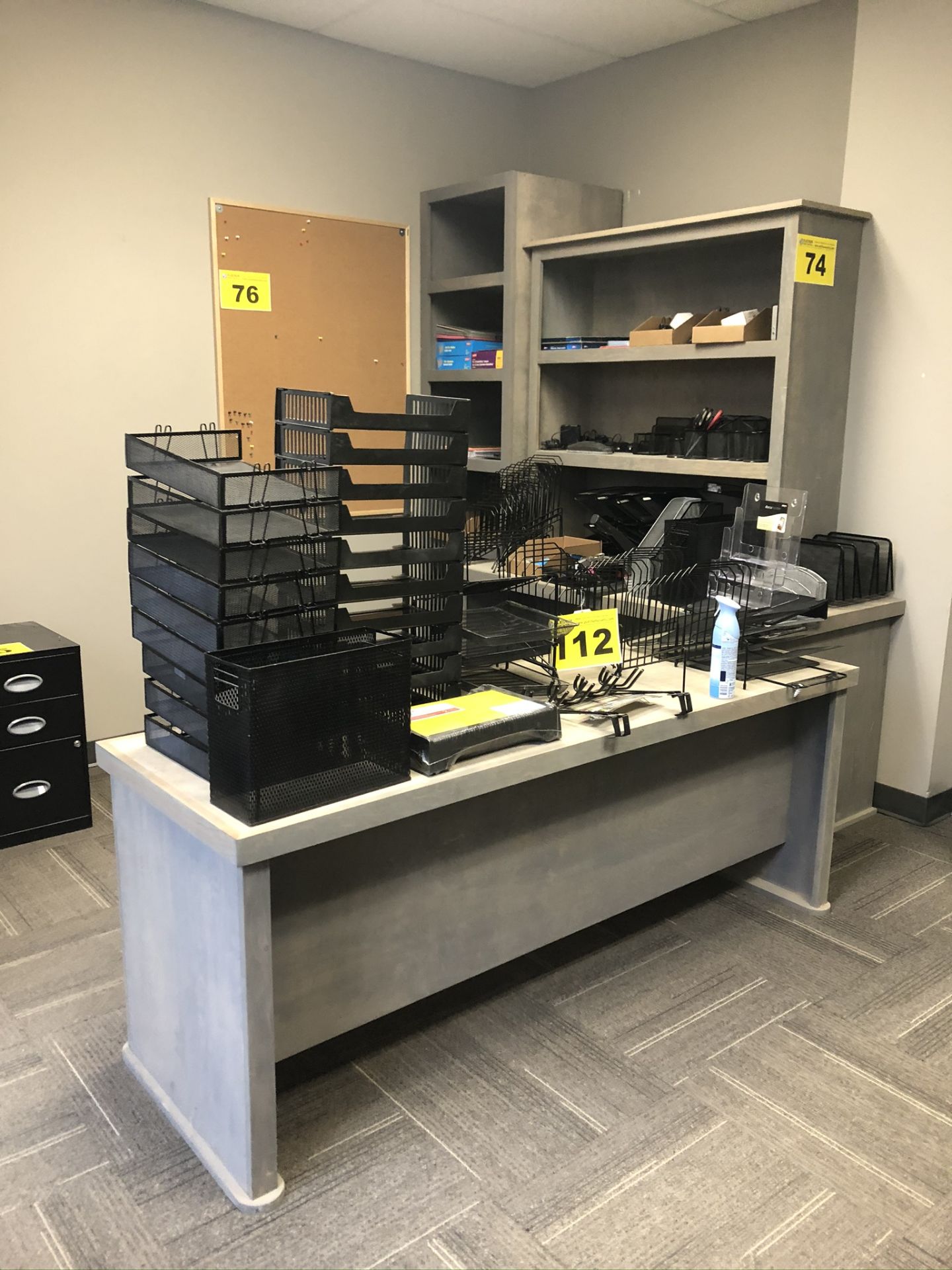 L-SHAPED, GRAY, WOOD OFFICE DESK WITH HUTCH, BOOKCASE AND TABLES (CONTENTS NOT INCLUDED)