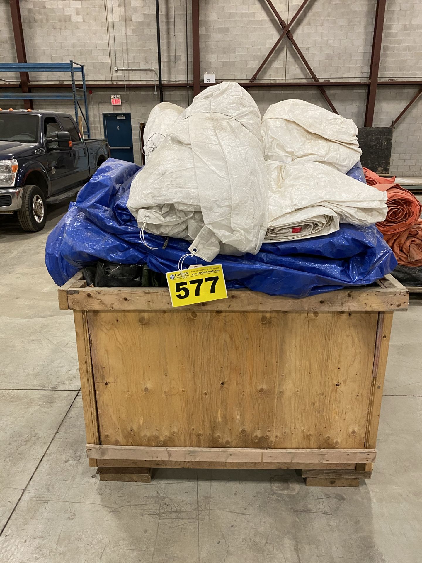 LOT OF (8) LARGE CONSTRUCTION TARPS IN WOODEN TRAVEL TOTES, 4' X 4'