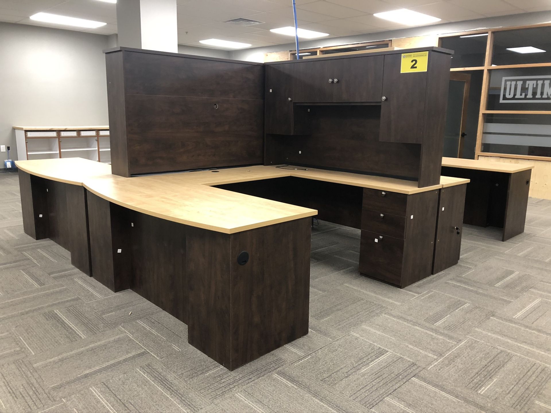 BROWN, U-SHAPED, OFFICE DESK WITH HUTCH, 7' X 6'