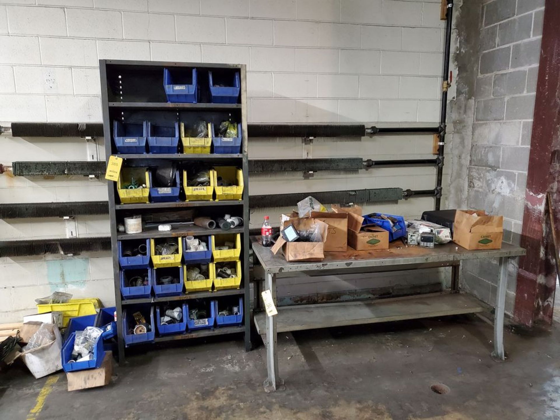 LOT: Work Bench & Steel Rack with Plumbing & Electrical Supplies