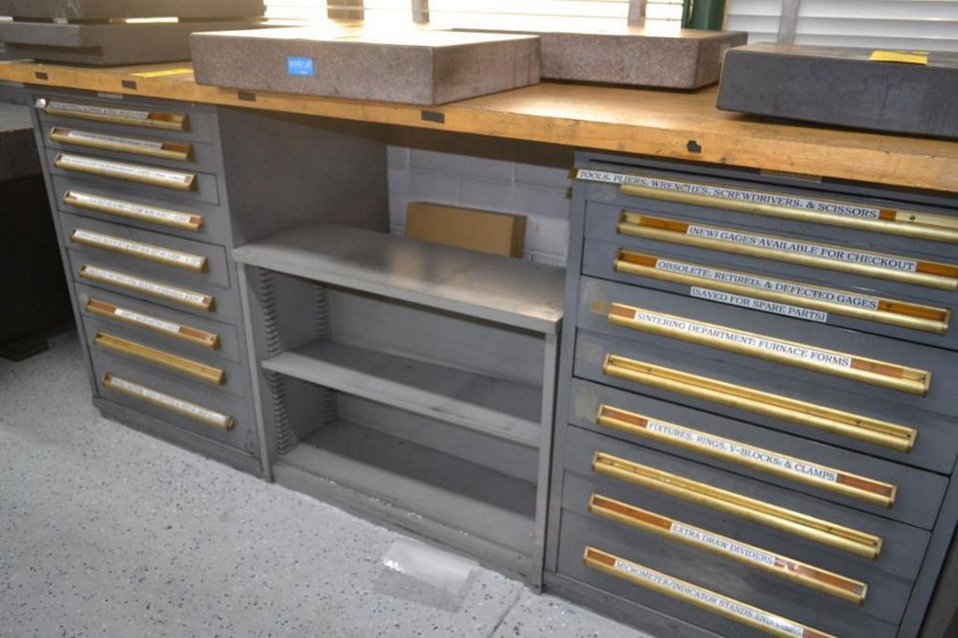 LOT: (2) Equipto 9-Drawer Tooling Cabinets with 96 in. x 36 in. Maple Top