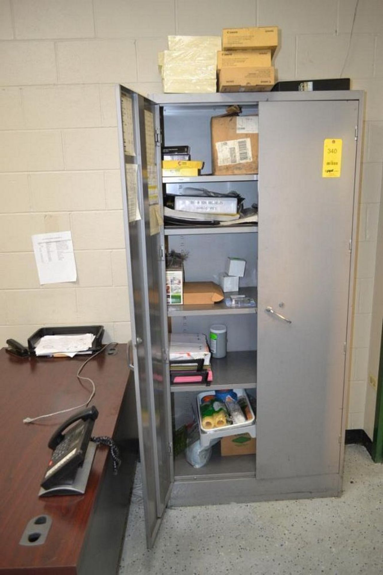 LOT: (2) Desks, (2) Chairs, Steel Cabinet with Office Supplies