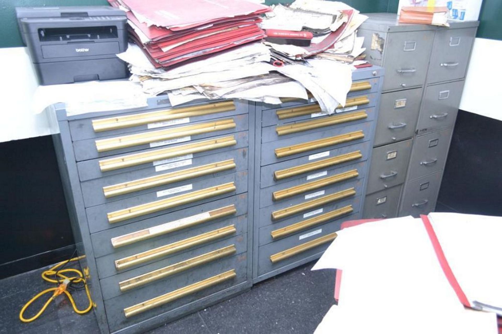 LOT: Contents of Upper Office including (2) 9-Drawer Tooling Cabinets, (3) Desks, (5) Chairs (no ele