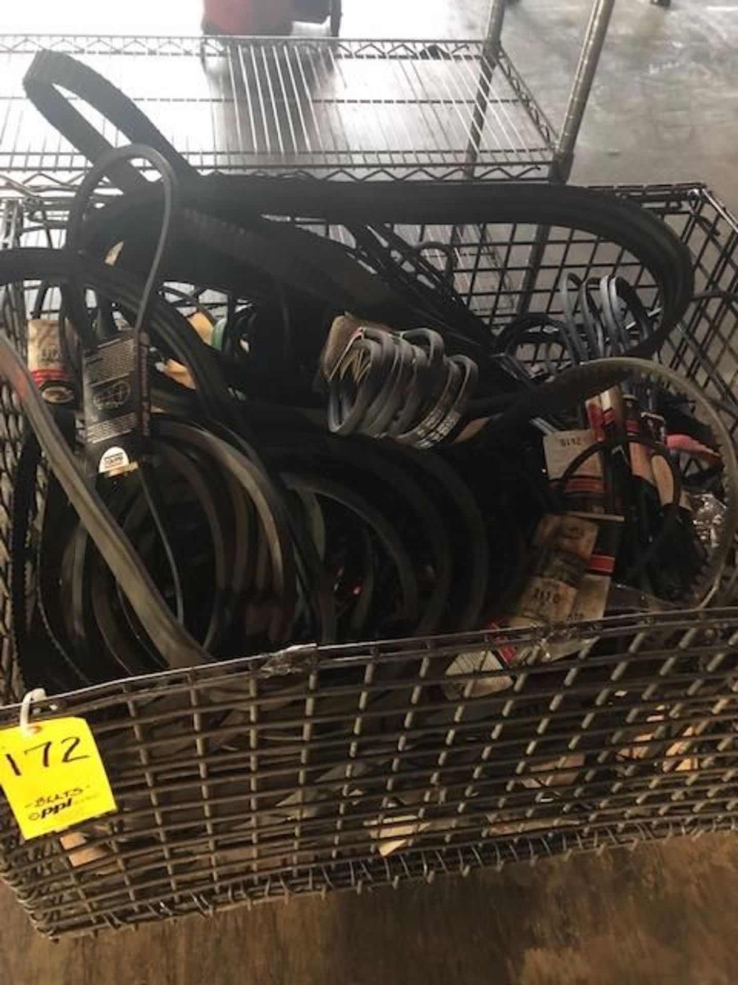 LOT: Wire Mesh Bin with Assorted Belts and Wire Shelf