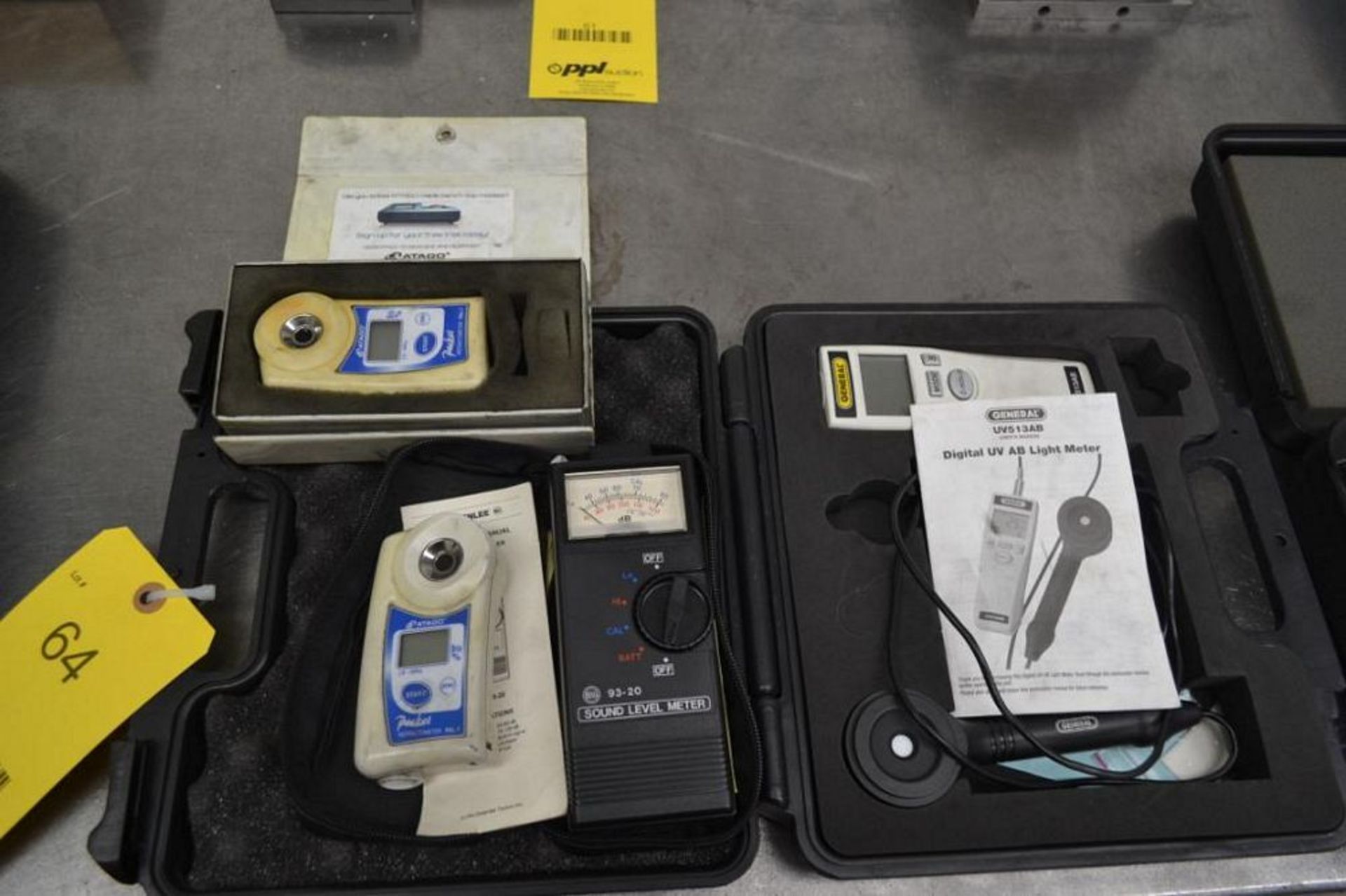 LOT: General Digital UV AB Light Meter, (2) PAL1 Refractometers & Sound Level Meter